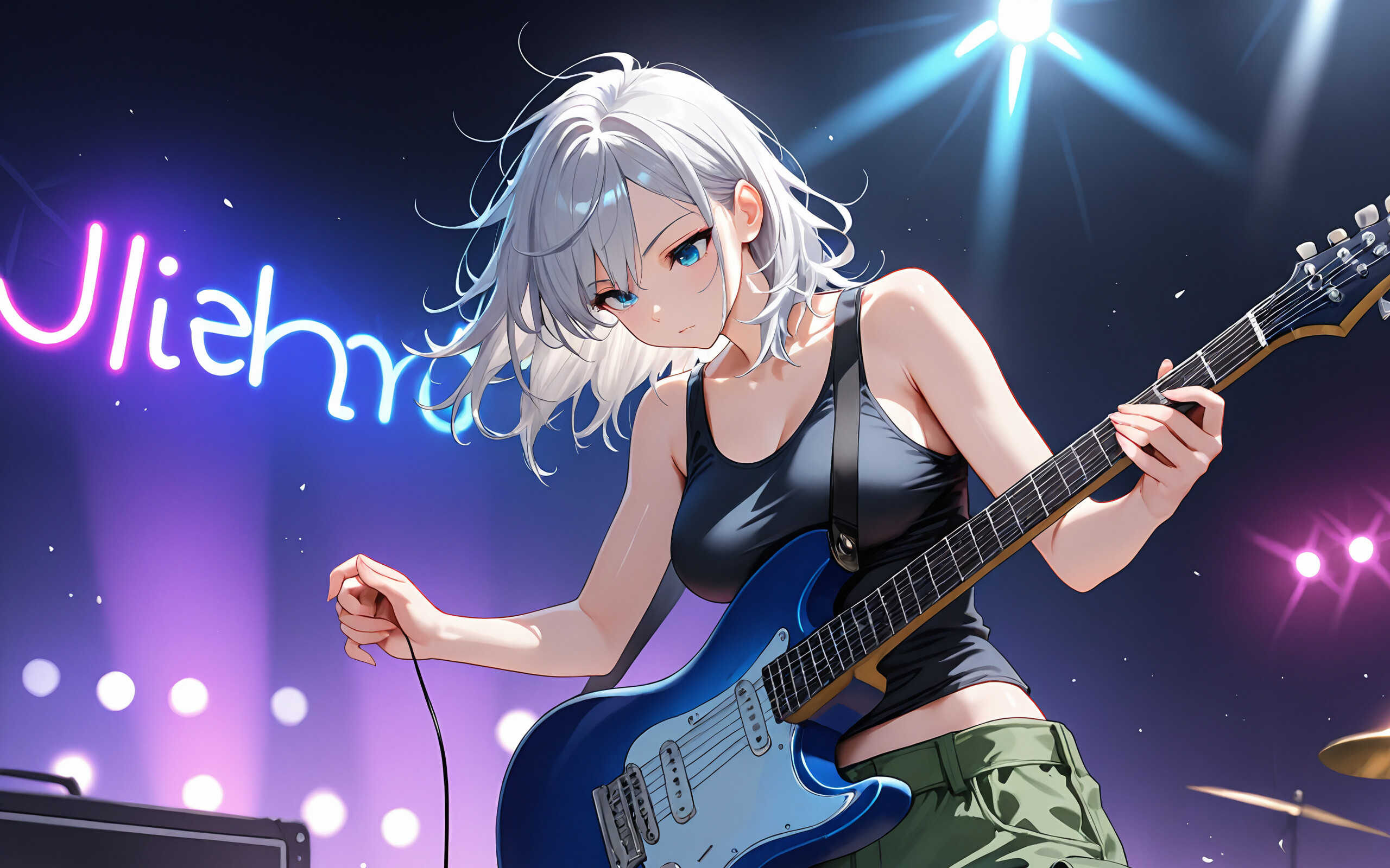 An anime girl with medium-length silver hair and blue eyes playing a black electric guitar on a brightly lit concert stage.