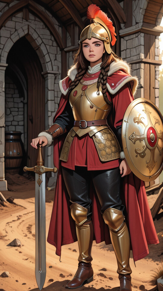 A full-length illustration of a female warrior in golden armor and a red tunic, holding a large sword and a round shield while standing guard inside a wooden fortress gateway.