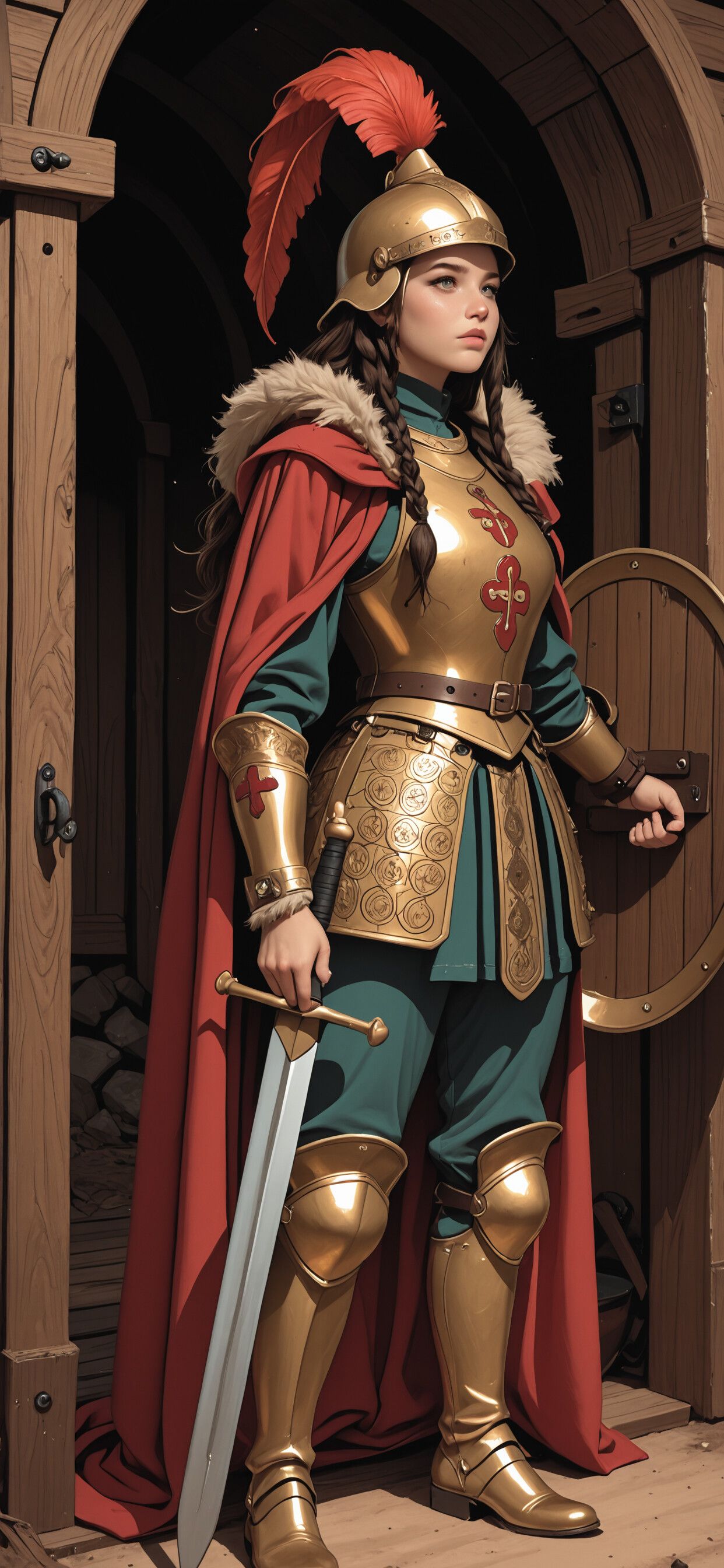 A full-length portrait of a female warrior in ornate golden armor and a red cloak, wearing a plumed helmet. She stands in front of a wooden fortress gate, holding a longsword in one hand and a round golden shield on the other arm.