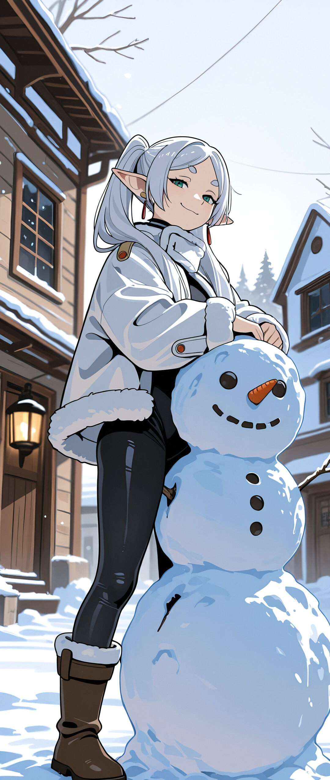 An anime-style illustration of the elf Frieren from Frieren: Beyond Journey's End, smiling smugly as she stands next to a snowman in a snowy village. She wears a black bodysuit and a white fur-lined jacket.