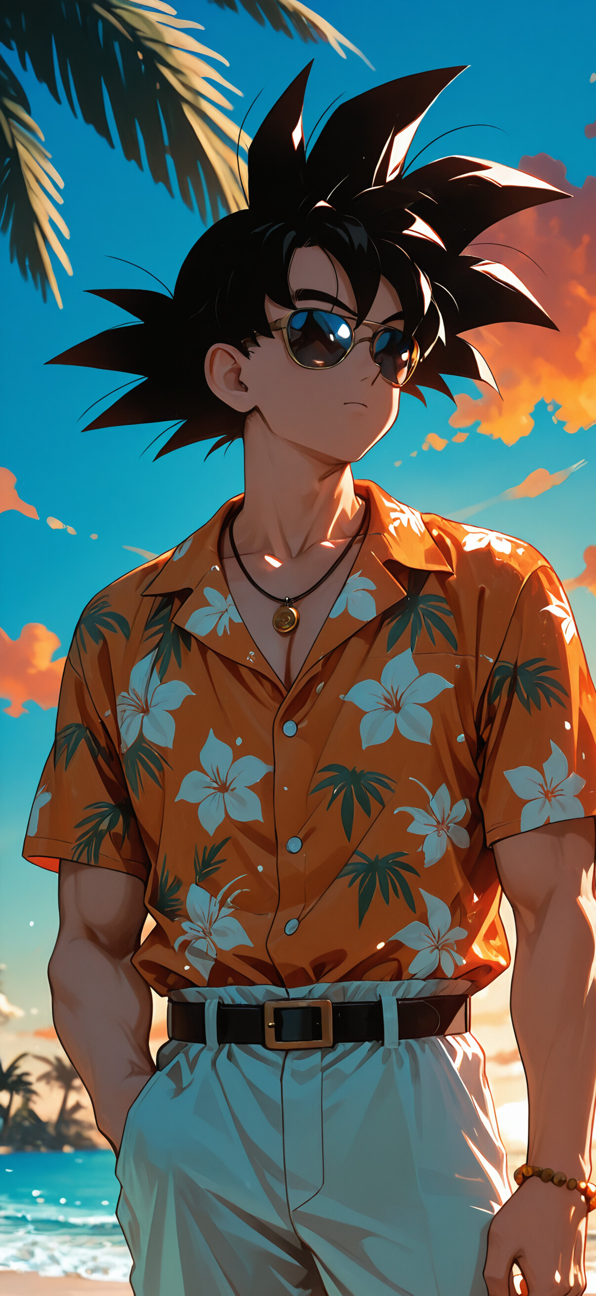 Son Goku from Dragon Ball in an orange Hawaiian shirt and sunglasses, standing on a beach at sunset with palm trees in the background.
