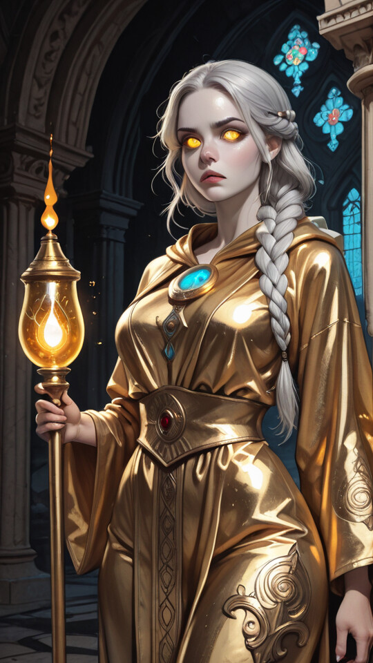 A beautiful sorceress with silver-white braided hair and glowing yellow eyes, wearing a flowing black and gold robe and holding a luminous golden staff, stands inside a grand hall with an arched window.
