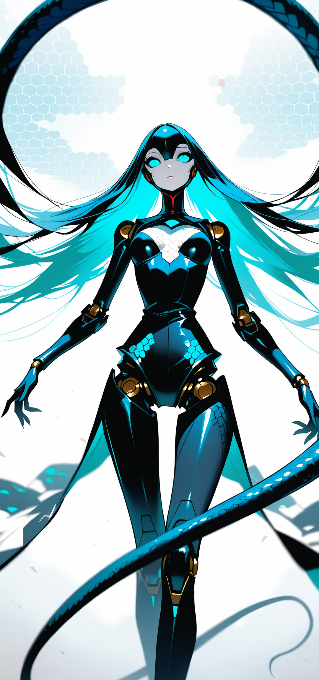 An anime-style illustration of a cyborg girl with half-black, half-red hair, glowing cyan eyes, and a futuristic black and white suit with a honeycomb pattern.
