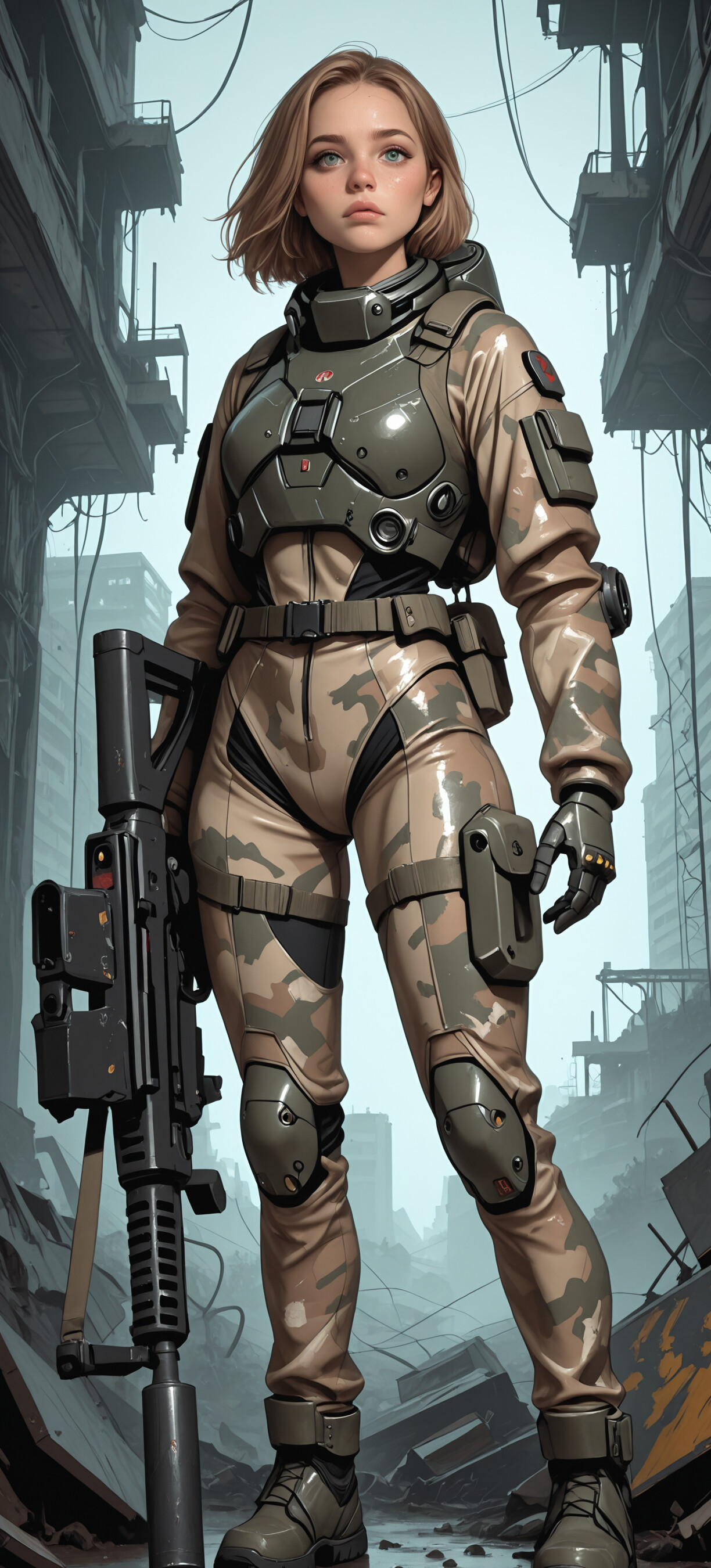 A young woman with light brown hair and green eyes wearing a futuristic camouflage combat exosuit, holding a large rifle in a ruined industrial hallway.