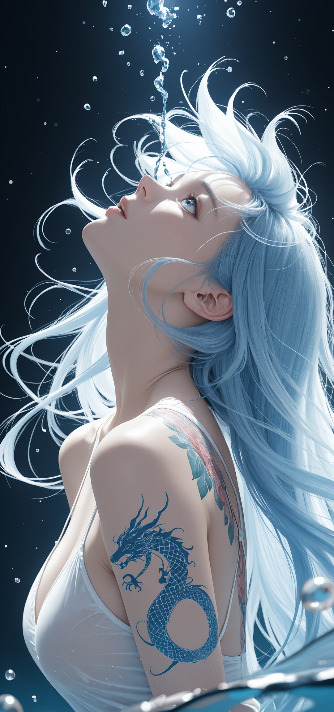 A close-up portrait of a young woman with long light blue hair and a blue dragon scale tattoo on her neck, lying on a white pillow and looking up at a dark, starry sky with a contemplative expression.