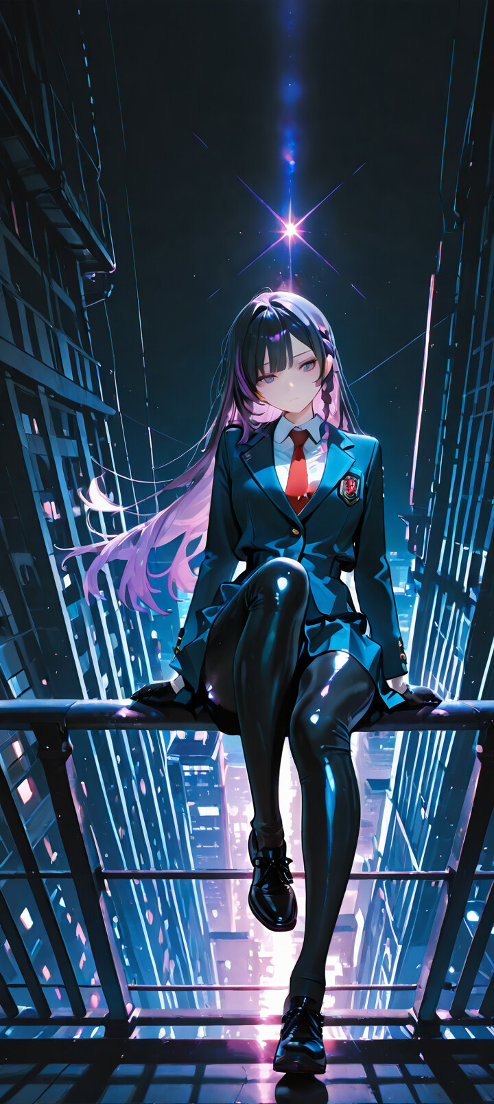 An anime girl with long black and purple gradient hair sits on a railing overlooking a brightly lit city at night. She wears a blue school uniform blazer, a red tie, shiny black leggings, and black boots.