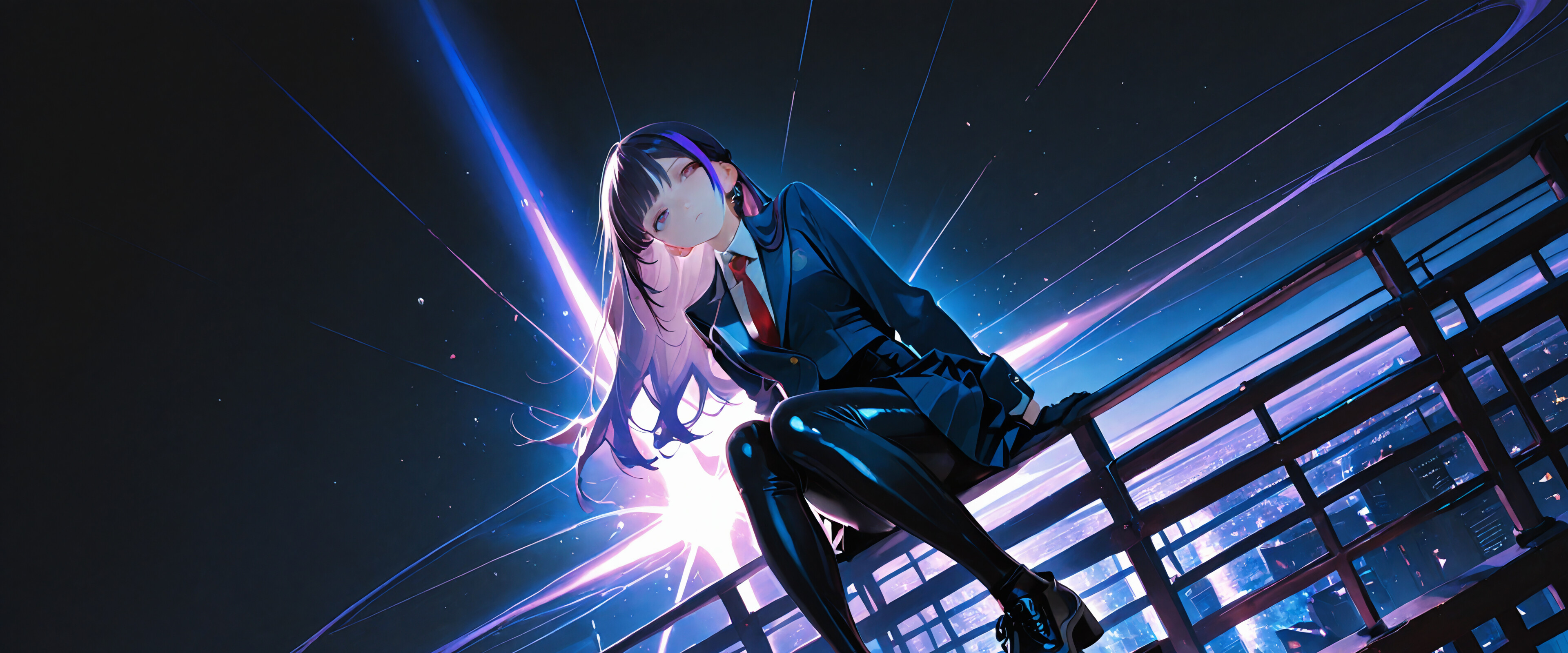 An anime girl with long black and purple gradient hair sits on a railing overlooking a brightly lit city at night. She wears a blue school uniform blazer, a red tie, shiny black leggings, and black boots.