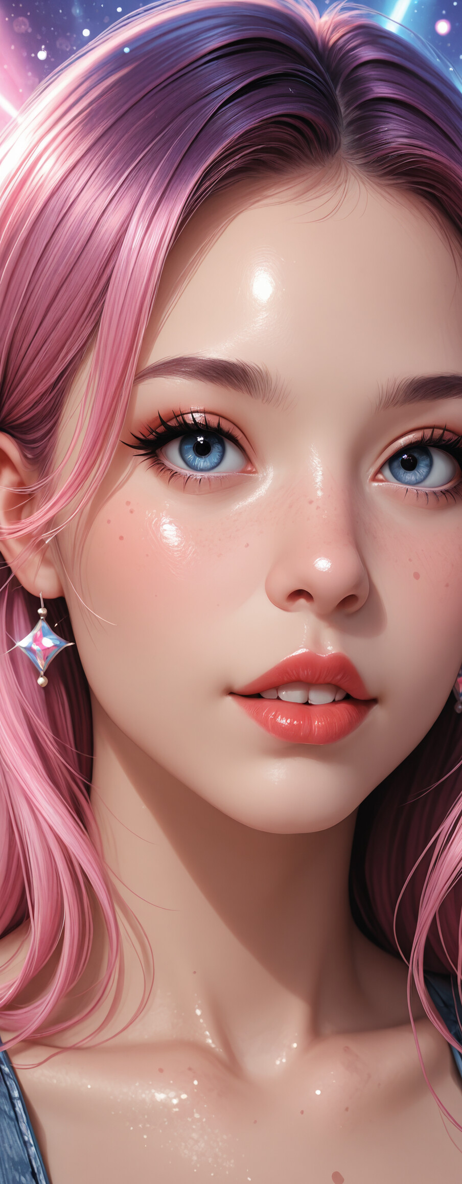 A close-up digital illustration of a beautiful young woman with long pink hair and mesmerizing blue eyes. She has light freckles and is looking directly at the camera against a soft, glowing background with neon lights.
