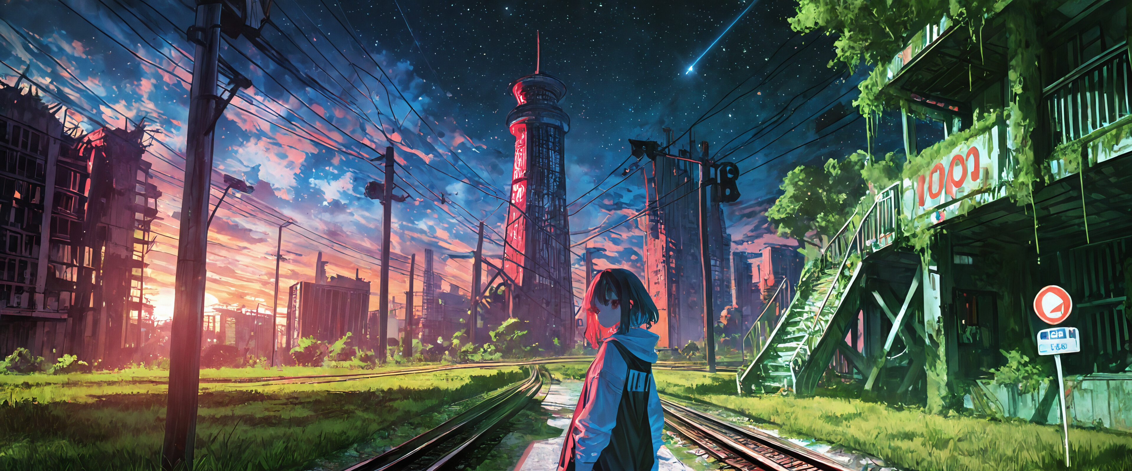 An anime-style illustration of a girl in a white hoodie standing on overgrown stairs beside railroad tracks in a ruined city. A vine-covered skyscraper is in the background under a twilight sky filled with stars.