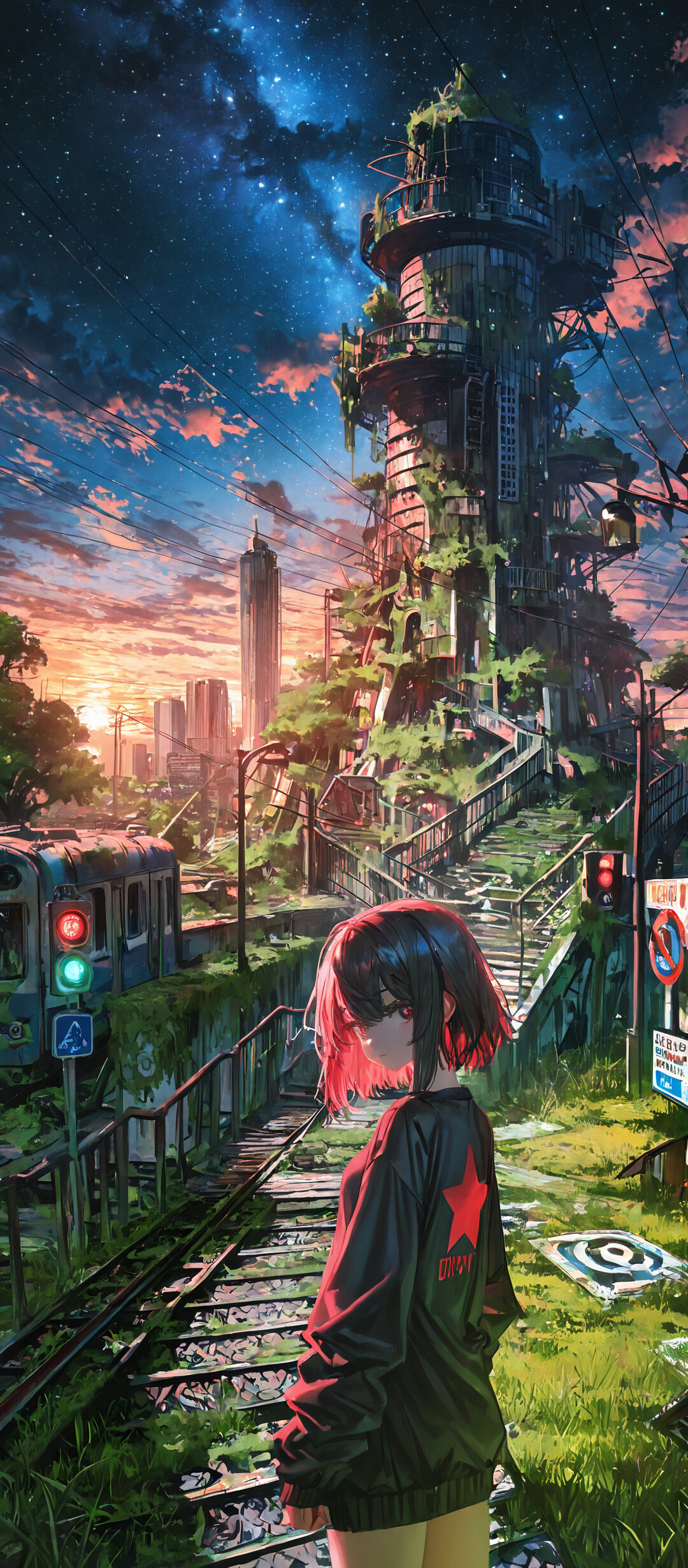 An anime-style illustration of a girl in a white hoodie standing on overgrown stairs beside railroad tracks in a ruined city. A vine-covered skyscraper is in the background under a twilight sky filled with stars.