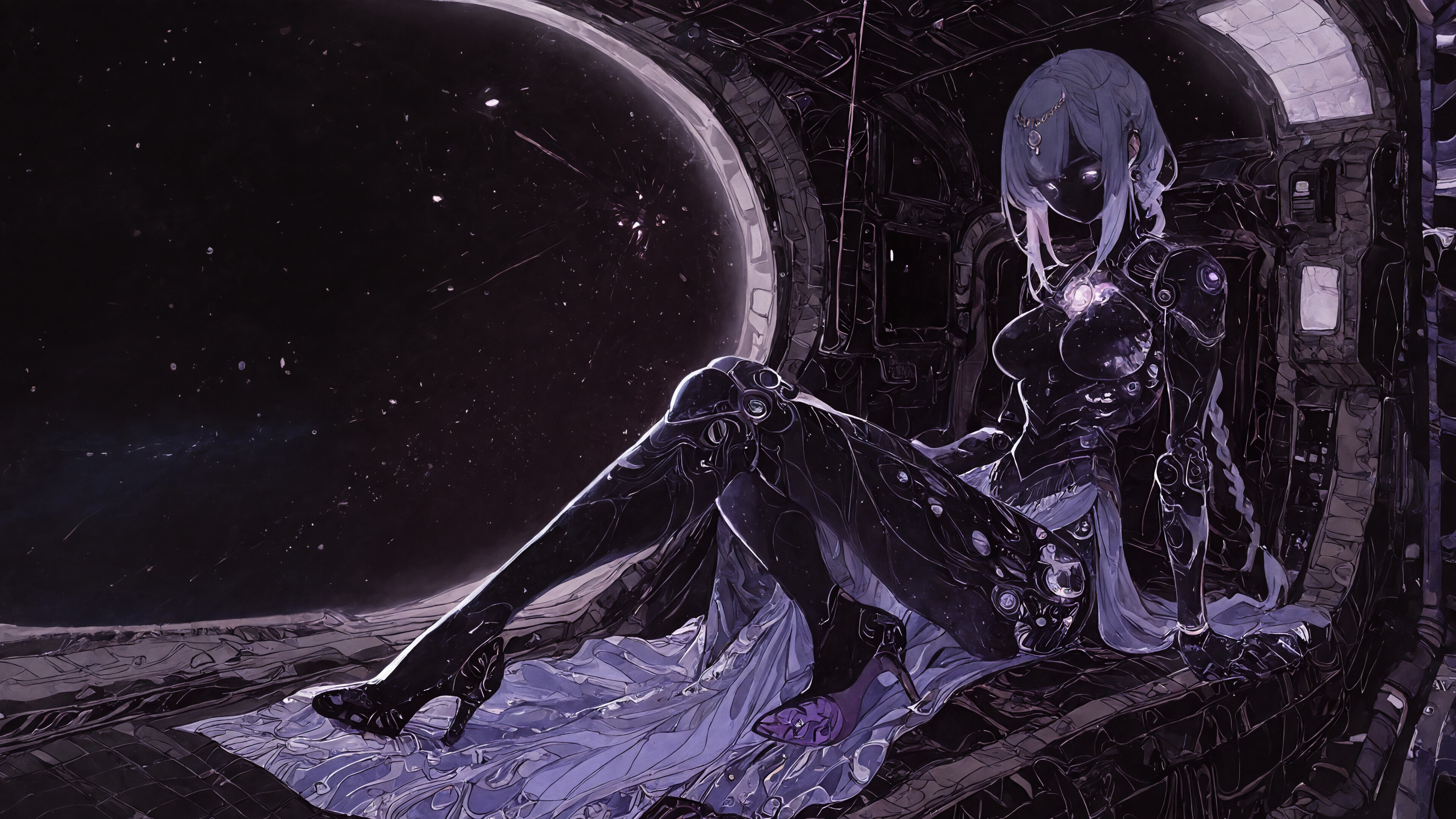 A full-body illustration of a female android with light purple hair sitting on a throne inside a spaceship. She is looking down, and her dark, robotic body is decorated with glowing purple gems. A window next to her shows outer space with stars.