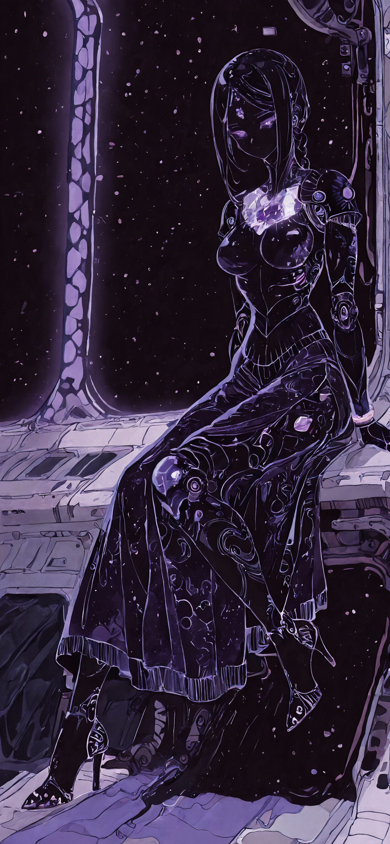 A full-body illustration of a female android with light purple hair sitting on a throne inside a spaceship. She is looking down, and her dark, robotic body is decorated with glowing purple gems. A window next to her shows outer space with stars.