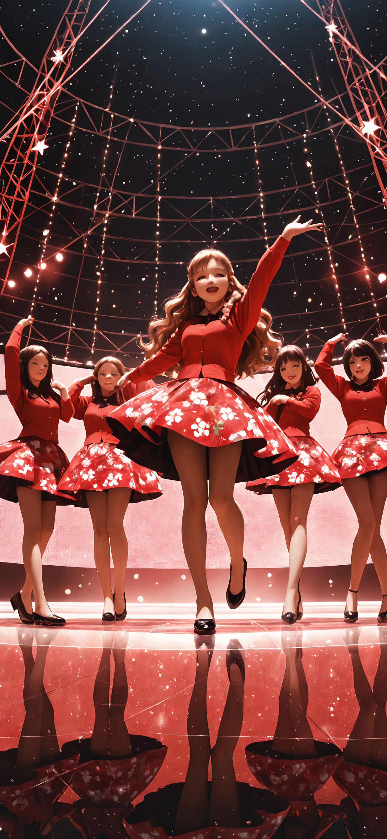 Five young women in matching red floral outfits holding hands and dancing on a circular, reflective stage against a starry night background with a bright spotlight.