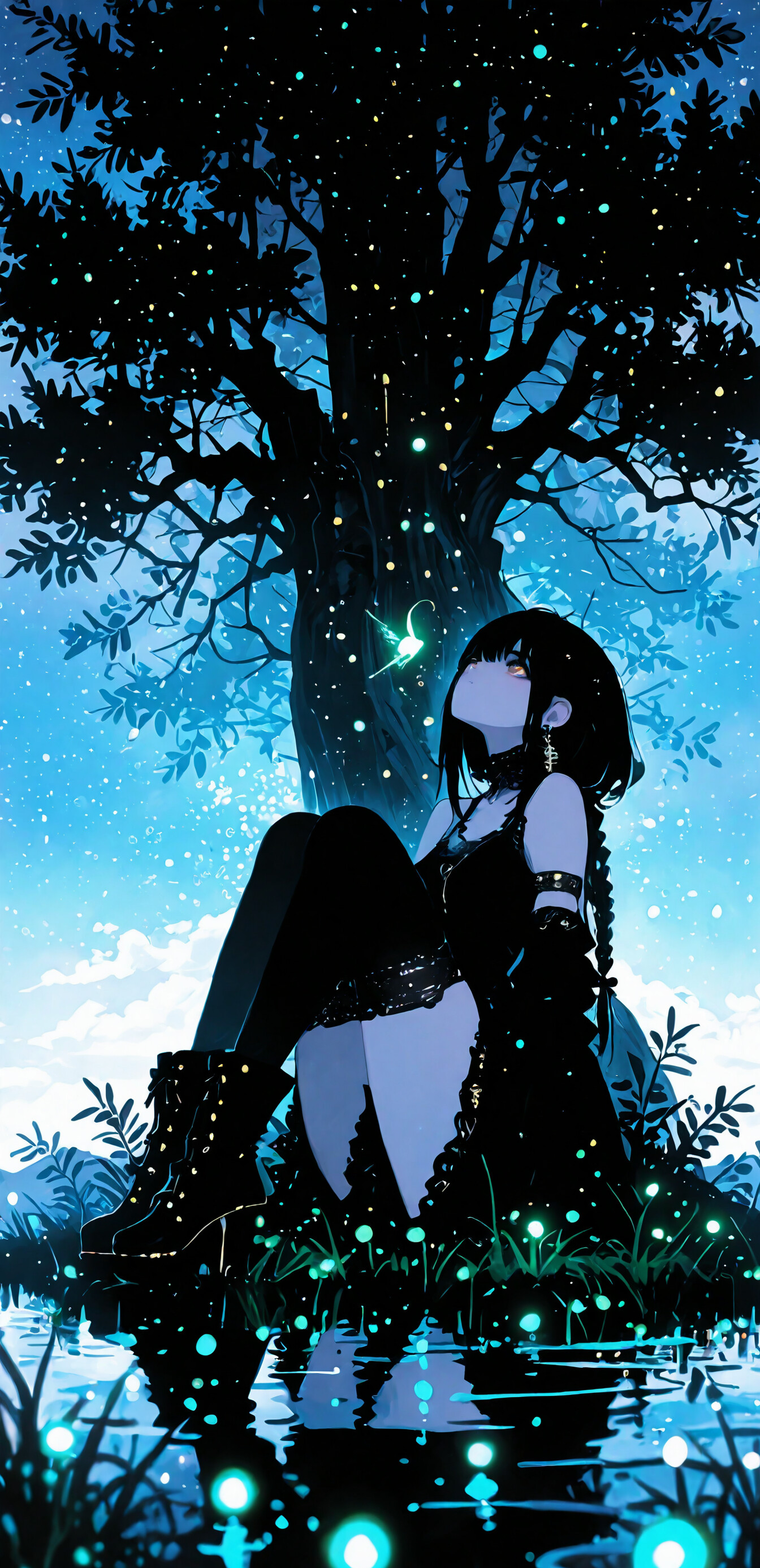 An anime girl with black hair and a gothic black dress sits under a tree at night, looking up at a vibrant, star-filled blue sky. She wears platform boots and thigh-high stockings, and the ground around her glows with fireflies.