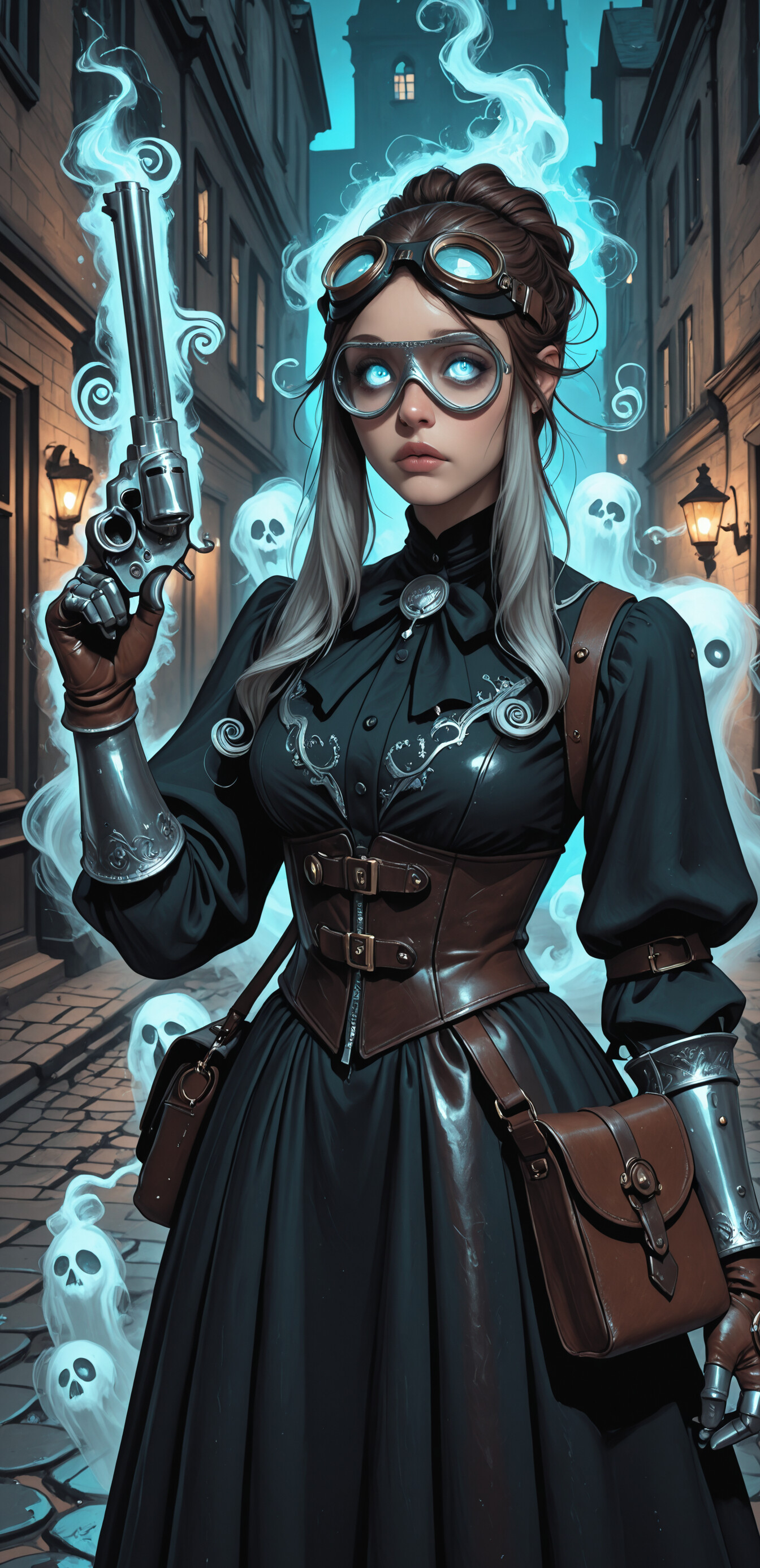 A young woman with glowing white eyes and steampunk goggles, dressed in a black Victorian dress with a leather corset and metal gauntlets, holds a smoking revolver in a foggy, gas-lit city alley.