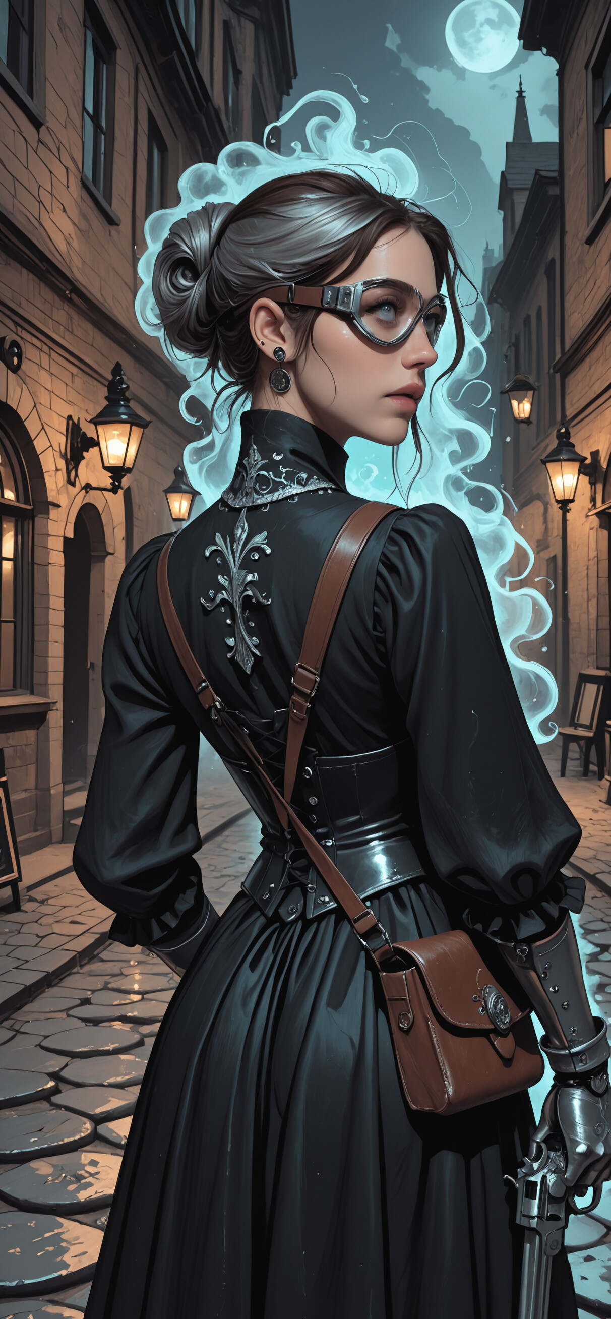 A digital illustration of a young woman in black Victorian steampunk attire, wearing goggles and a metal gauntlet, holding a large revolver that glows with a blue light in a foggy, cobblestone city alley.