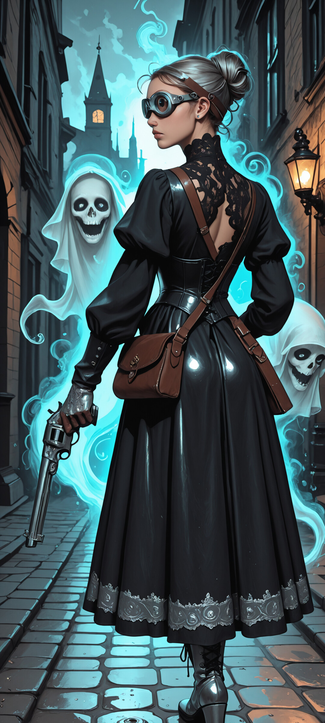 A woman with silver hair in a black Victorian steampunk dress stands with her back mostly to the viewer in a cobblestone alley, holding two revolvers that are emitting a glowing blue smoke.