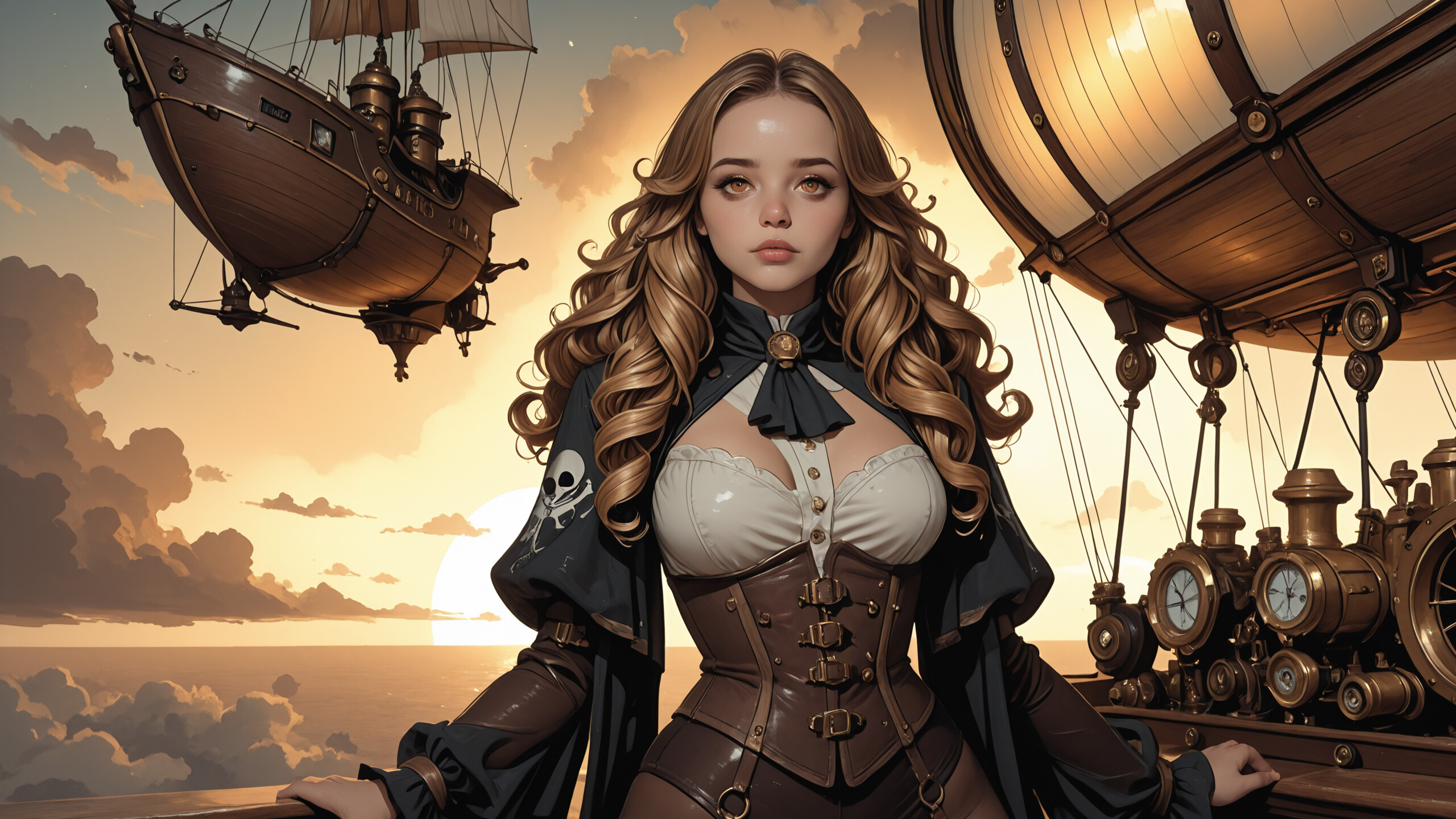 A beautiful female steampunk sky pirate with long blonde hair stands on an airship deck, wearing a pirate hat, a brown corset, and a black top that leaves her chest bare.