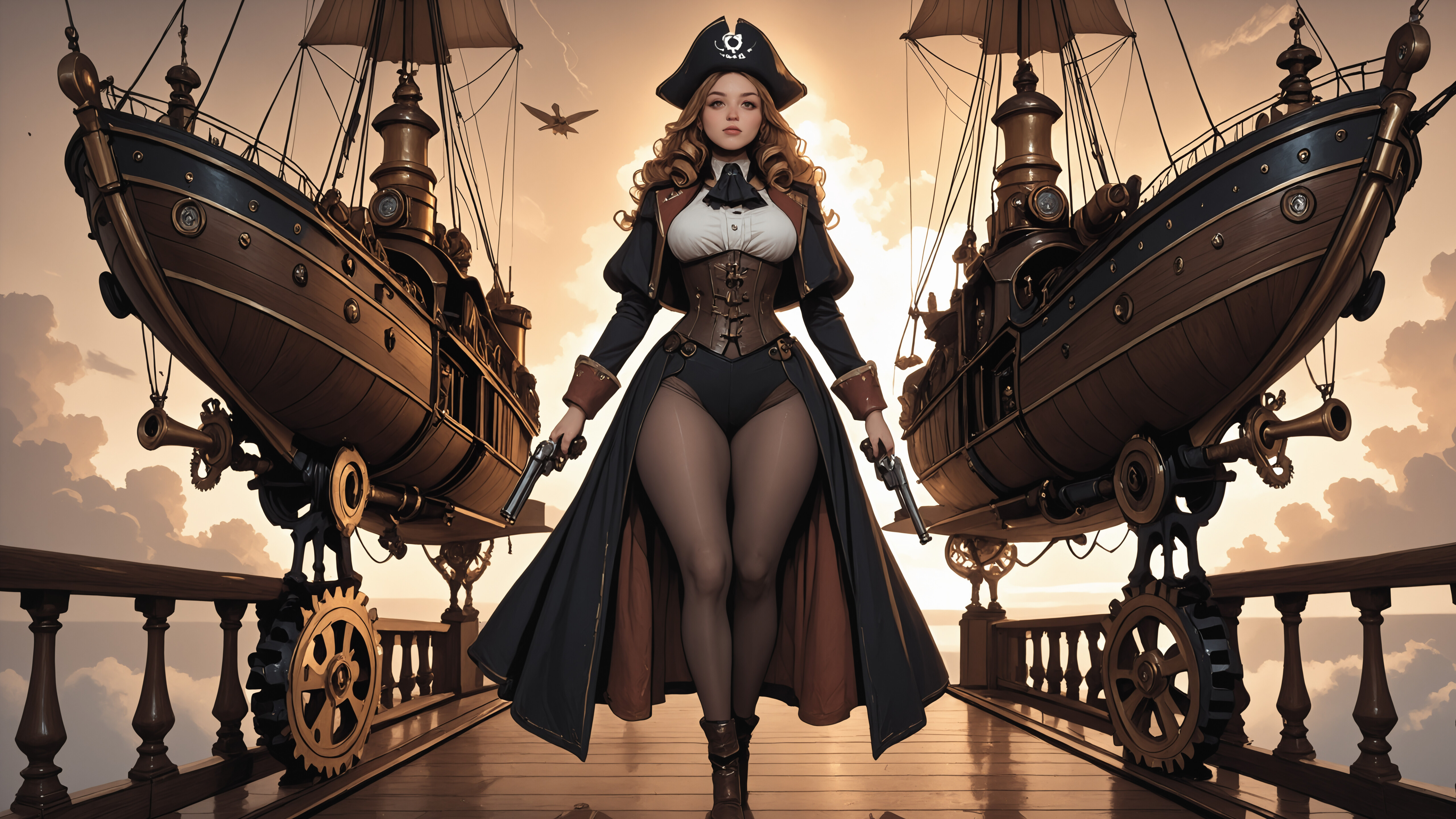 Full body illustration of a curvy female steampunk pirate in a detailed corset and pirate hat, standing on the deck of an airship with large brass gears next to her and a ship in the sky behind her.