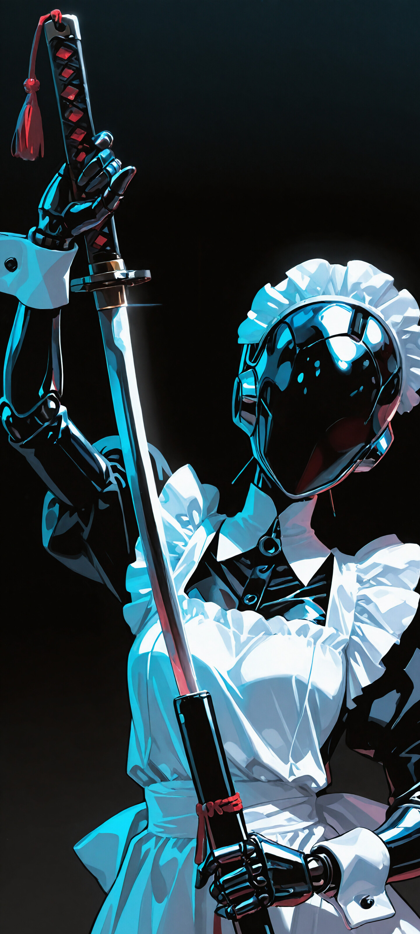 A side profile of a sleek, black robot wearing a traditional white and black maid outfit and a frilly headdress. It holds a Japanese katana in its metallic hands against a black background.