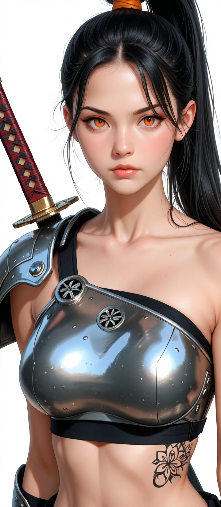 A front-facing portrait of a young female warrior with black hair in a topknot and vibrant orange eyes. She wears ornate silver armor with orange flower designs, has tattoos on her arms, and carries a katana on her back, all against a plain white background.