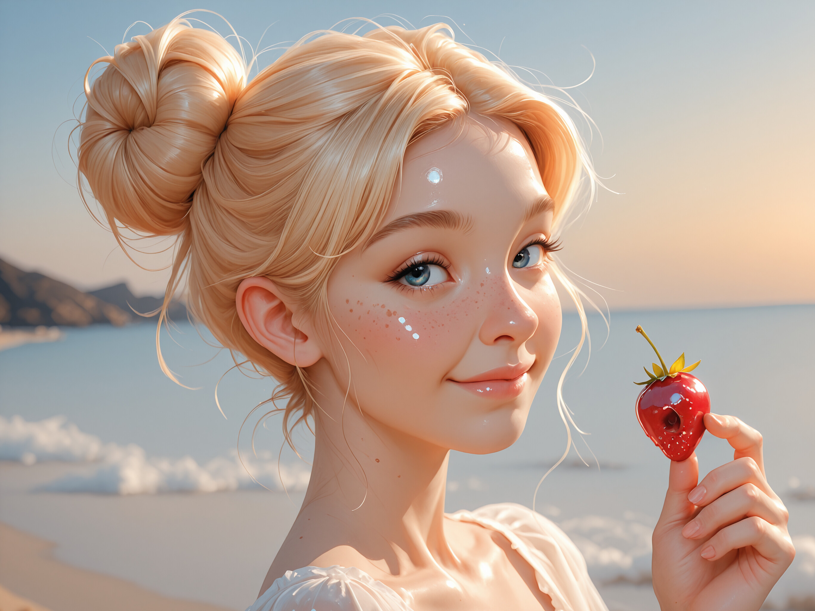 A close-up portrait of a pretty young woman with blonde hair in a bun and blue eyes. She is smiling softly on a beach, with floating strawberries and a blue sky in the background.
