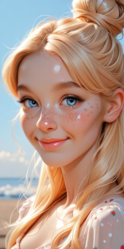 A close-up portrait of a pretty young woman with blonde hair in a bun and blue eyes. She is smiling softly on a beach, with floating strawberries and a blue sky in the background.