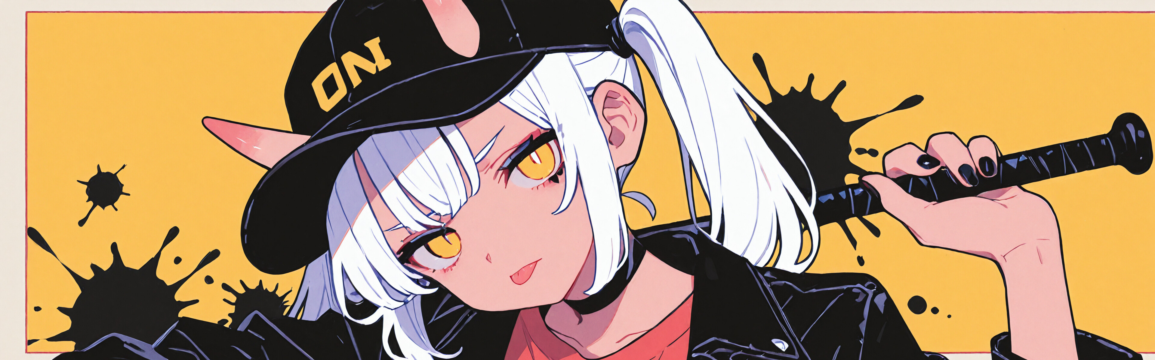 An anime girl with white pigtails, pink demon horns, and yellow eyes, wearing a leather jacket and a backwards baseball cap, holding a baseball bat over her shoulder against a yellow background with black paint splatters.