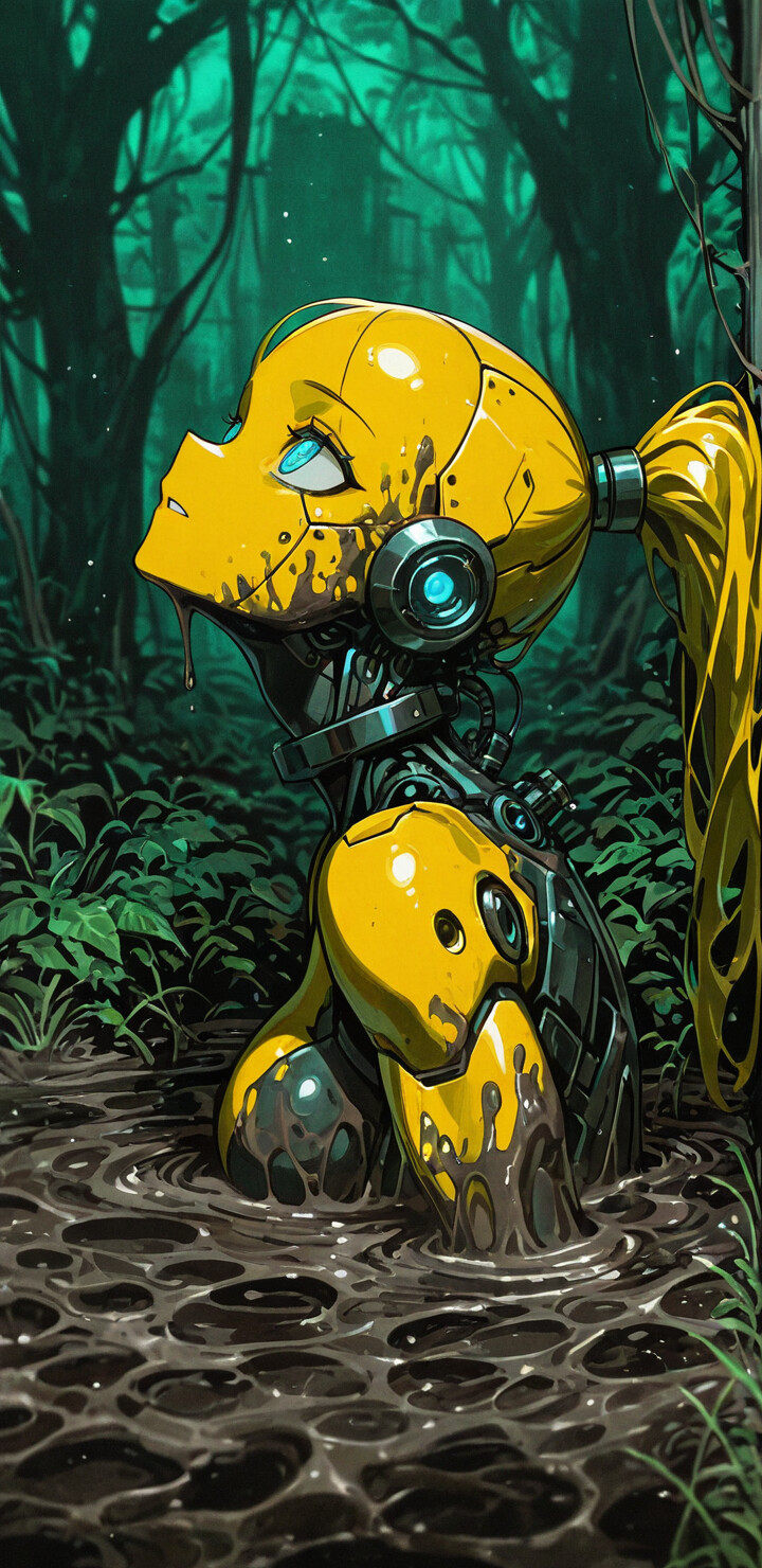 A yellow female android is shown from the chest up, partially submerged and struggling in a dark, muddy swamp. She is looking up with a panicked expression, her left arm raised out of the mire amidst dark green jungle foliage.