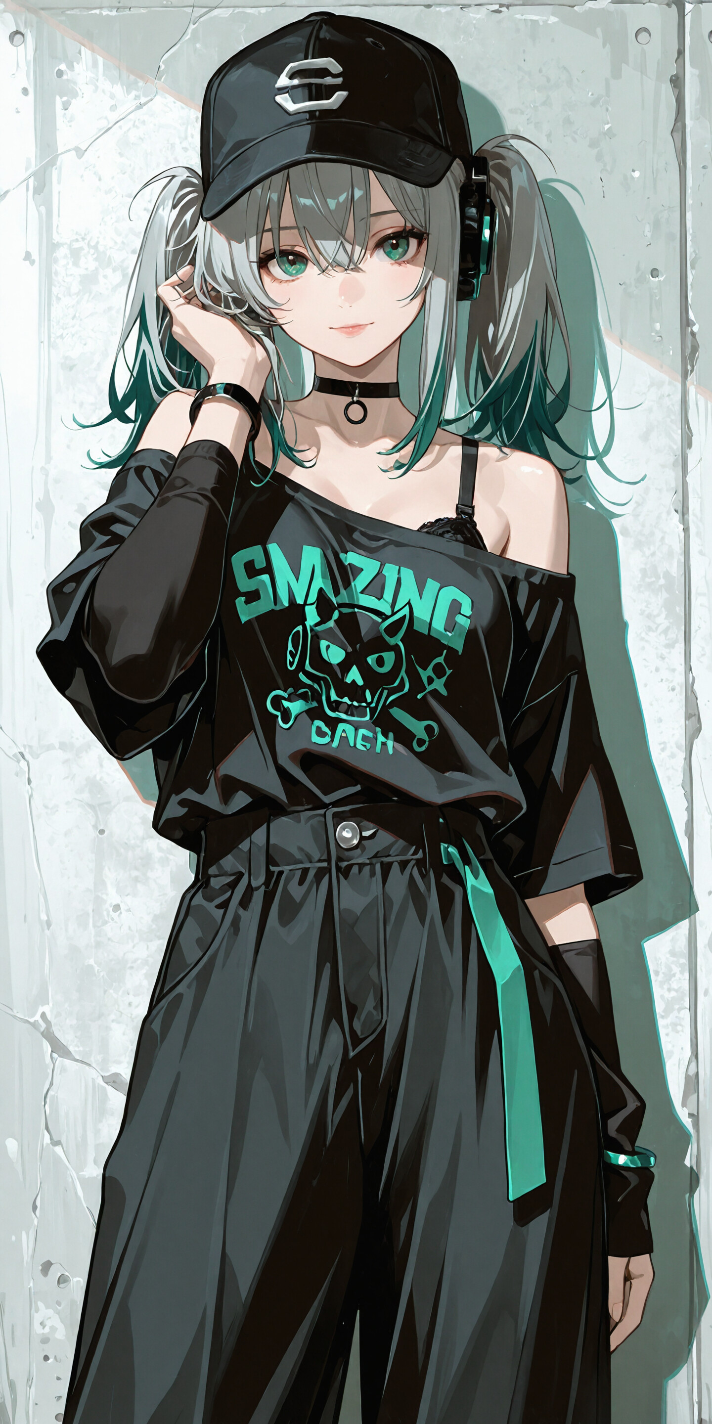 An anime girl with long grey and green hair wearing a black baseball cap, headphones, and a black off-the-shoulder streetwear outfit, leaning against a wall.