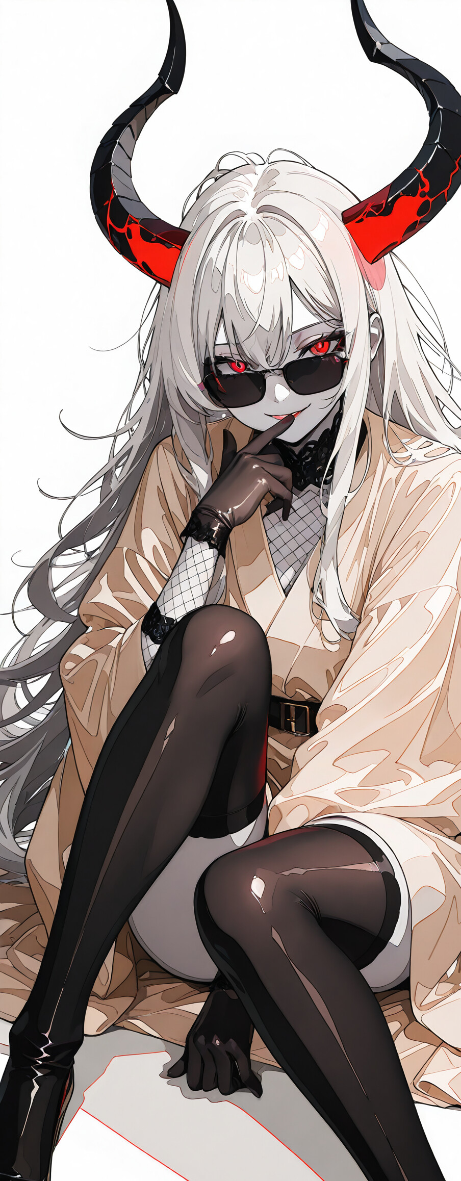 A full-body illustration of a demon girl with long white hair, large red horns, and red eyes behind black sunglasses, sitting on the floor wearing a white robe, black gloves, and thigh-high stockings.