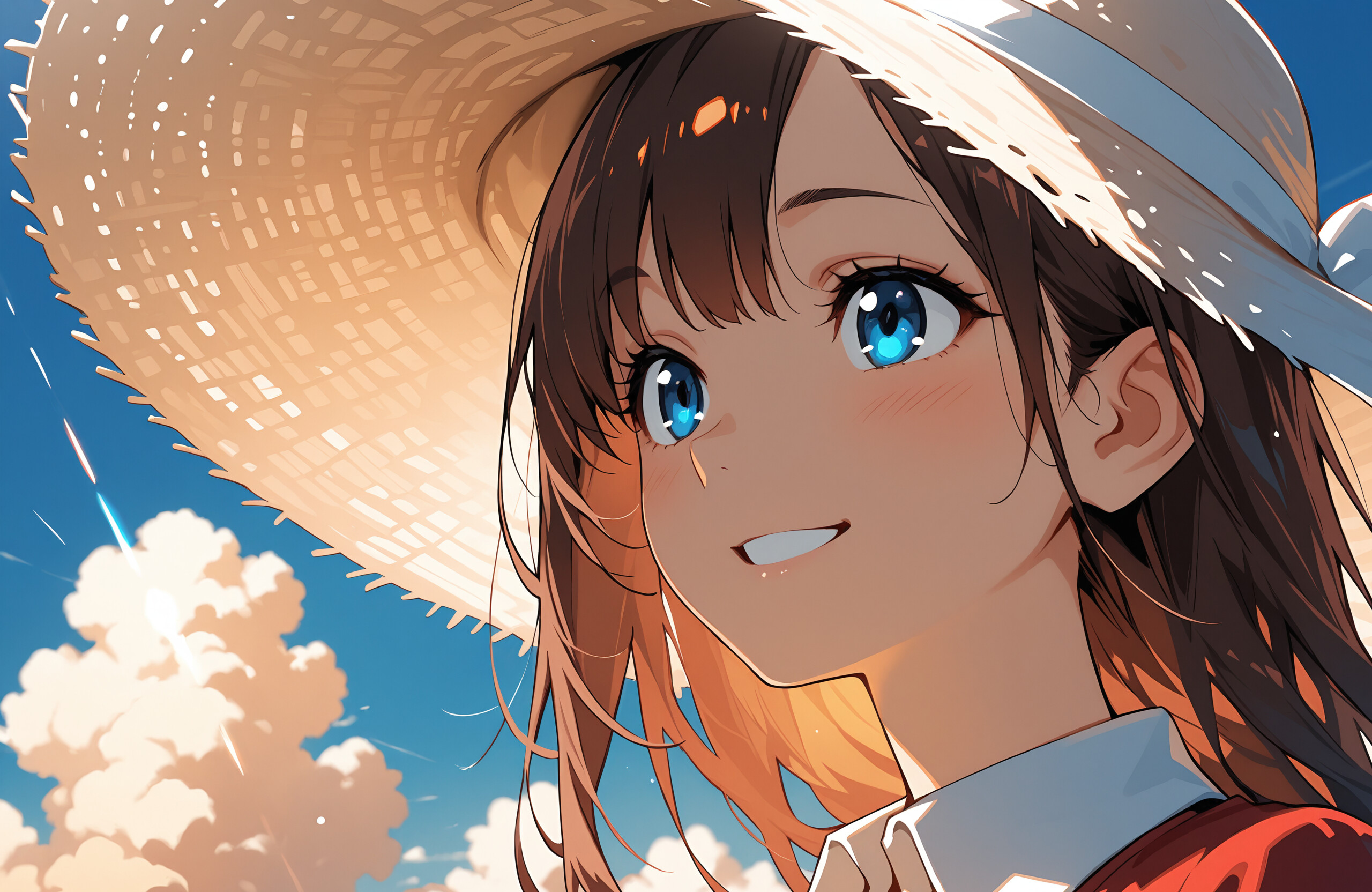 An anime girl with long brown hair and blue eyes, smiling as she looks up towards the sunny, blue sky. She is wearing a large straw sun hat and a red shirt with a white collar.