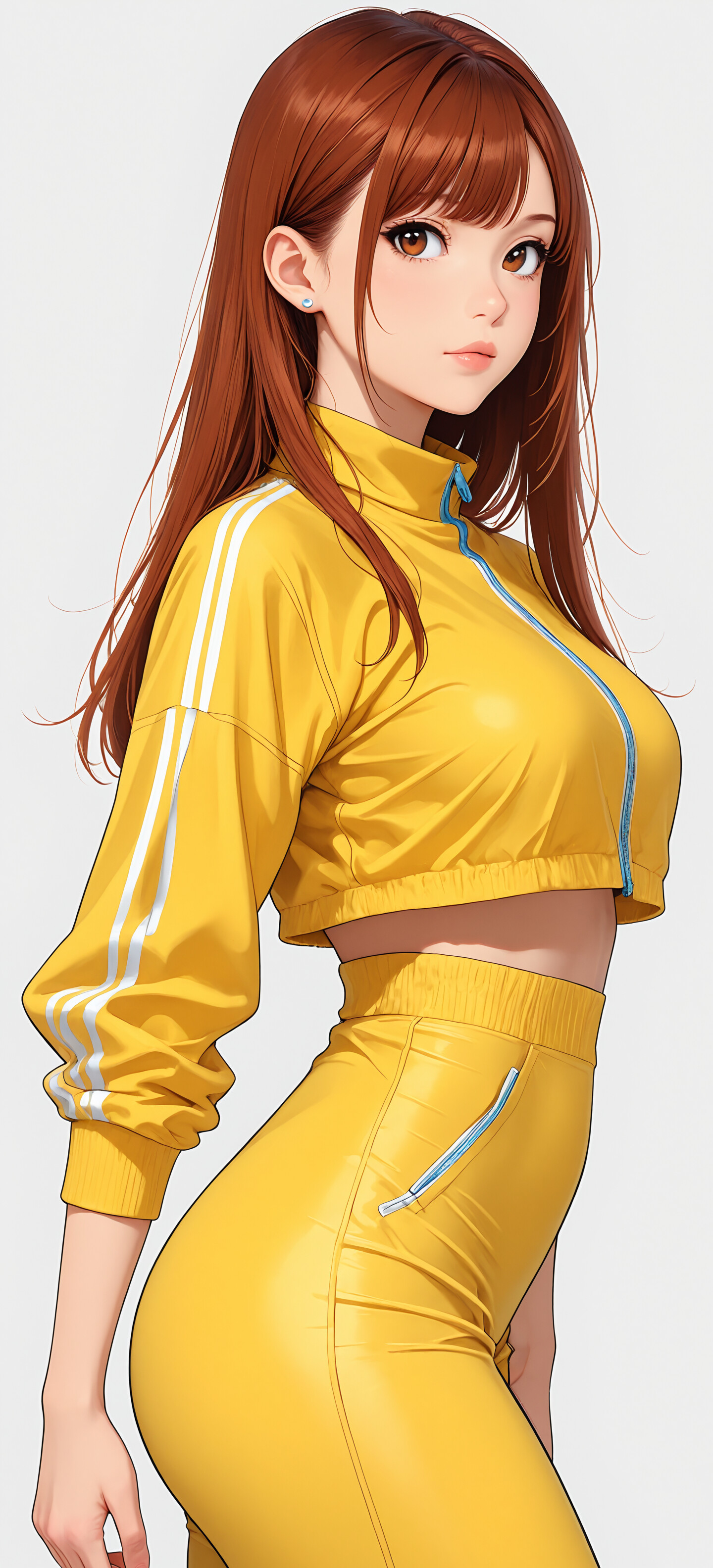 A digital illustration of a young woman with brown hair in a ponytail, wearing a tight yellow mini-dress with a front zipper, posing against a solid pink background.