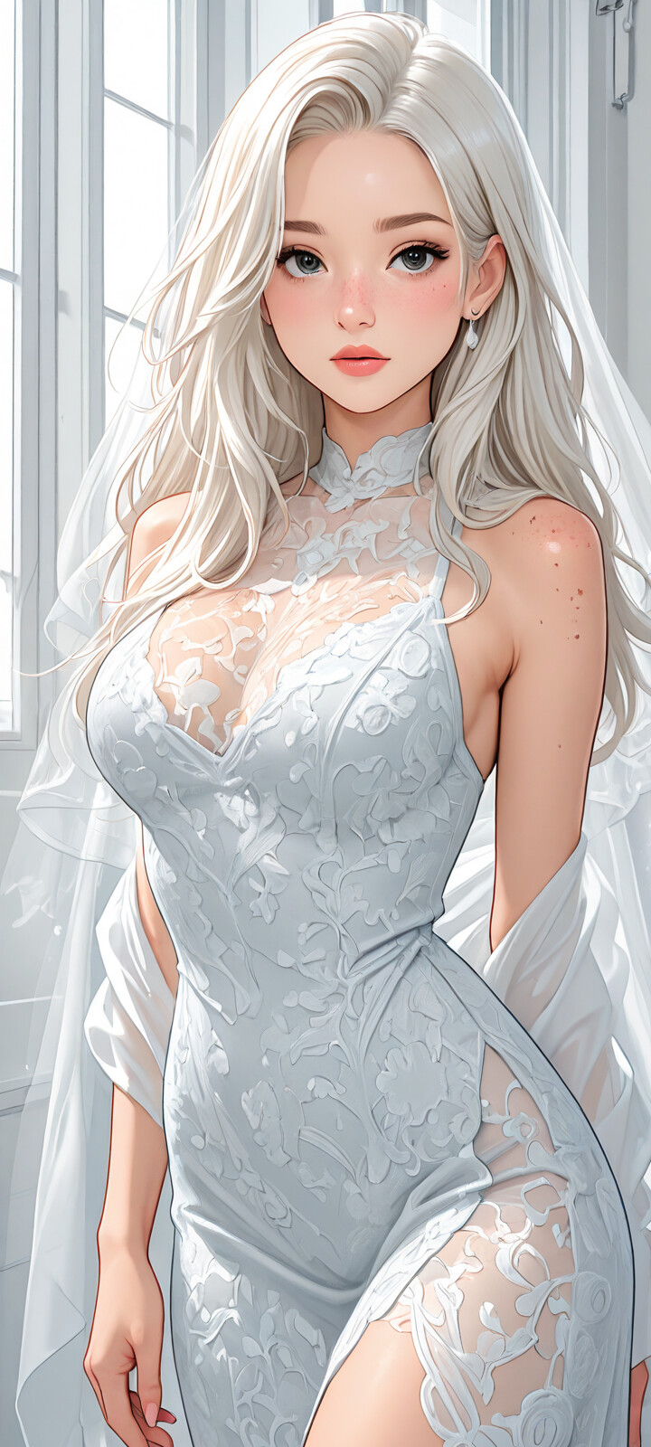 A close-up digital illustration of a young woman with long blonde hair, large grey-blue eyes, and freckles, looking directly at the camera. She is outdoors in bright sunlight, wearing a white lace top.