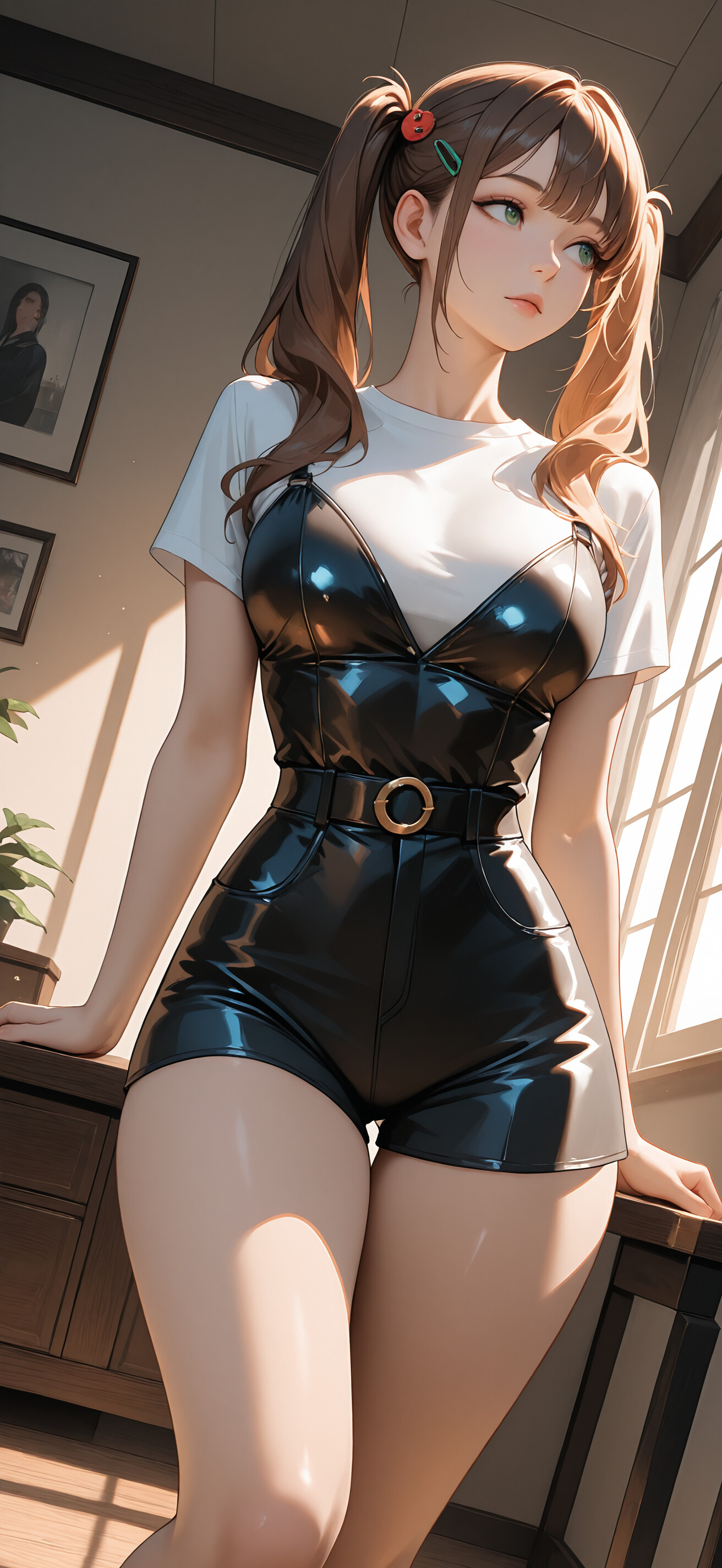 A close-up portrait of an anime-style girl with brown hair in twintails, green eyes, a pink hairclip, and a teal hair tie, looking to her right in a sunlit room.