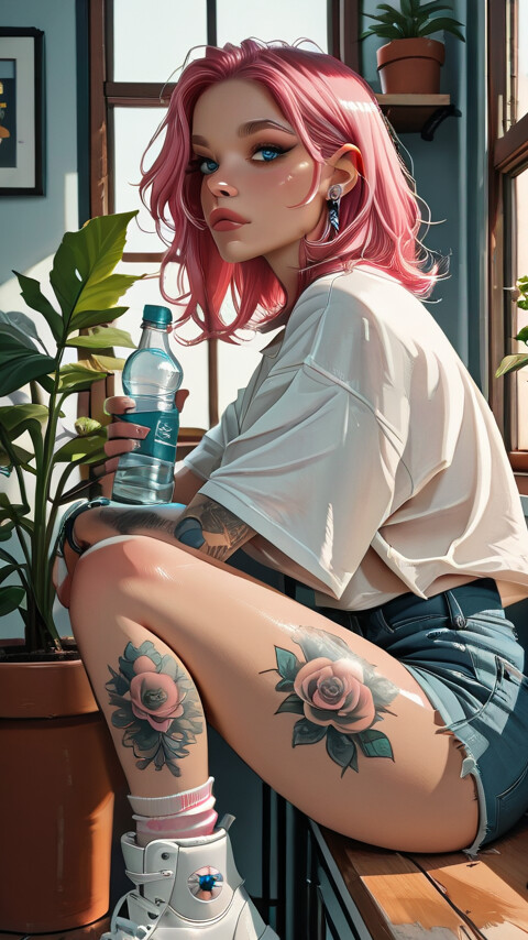A full-body illustration of a young woman with pink hair and blue eyes sitting on the floor. She is heavily tattooed on her arm and leg, wears a white t-shirt, denim shorts, and white sneakers, and looks directly at the camera. The room has a window and several green plants.