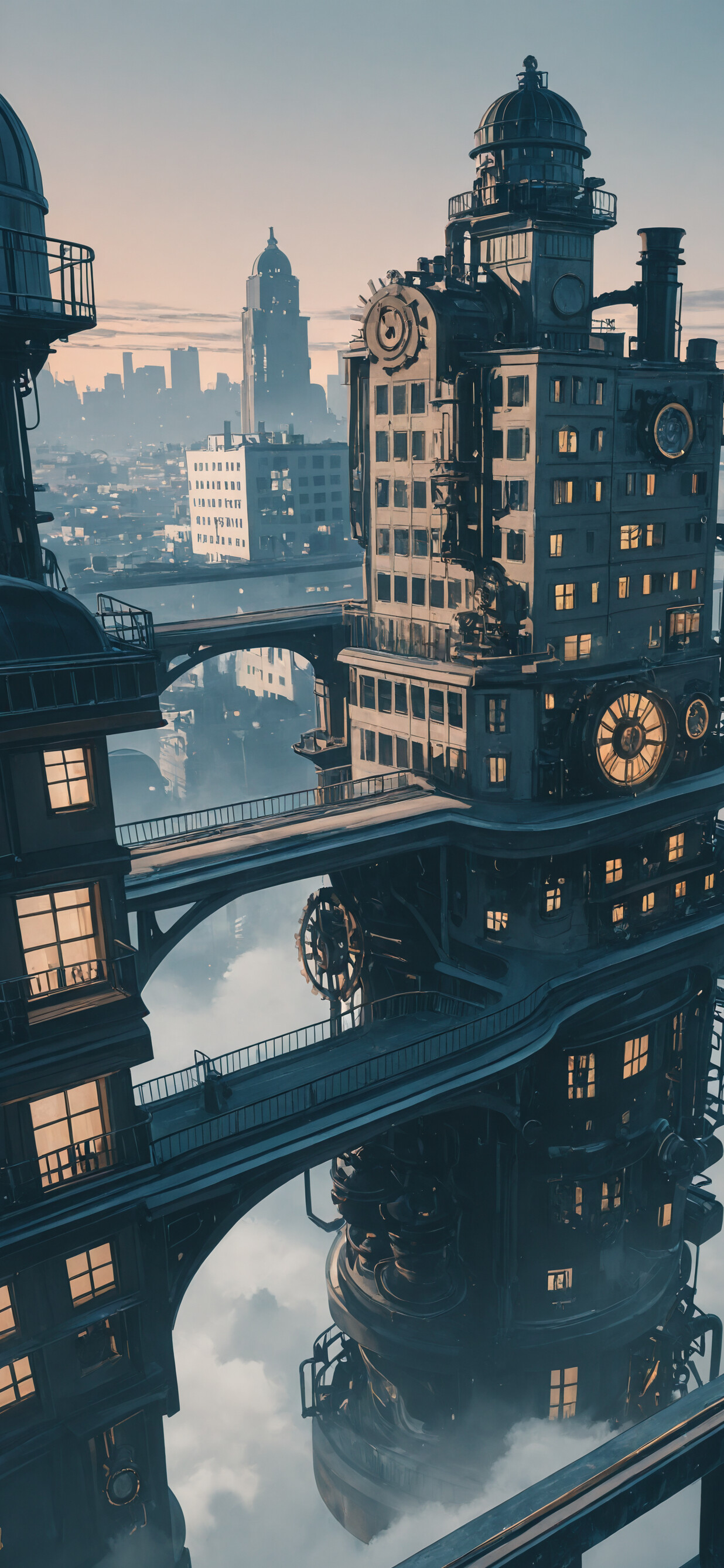 A high-angle view of a massive steampunk industrial tower with complex piping and platforms, overlooking a sprawling, hazy cityscape filled with skyscrapers under an orange and blue dawn sky.
