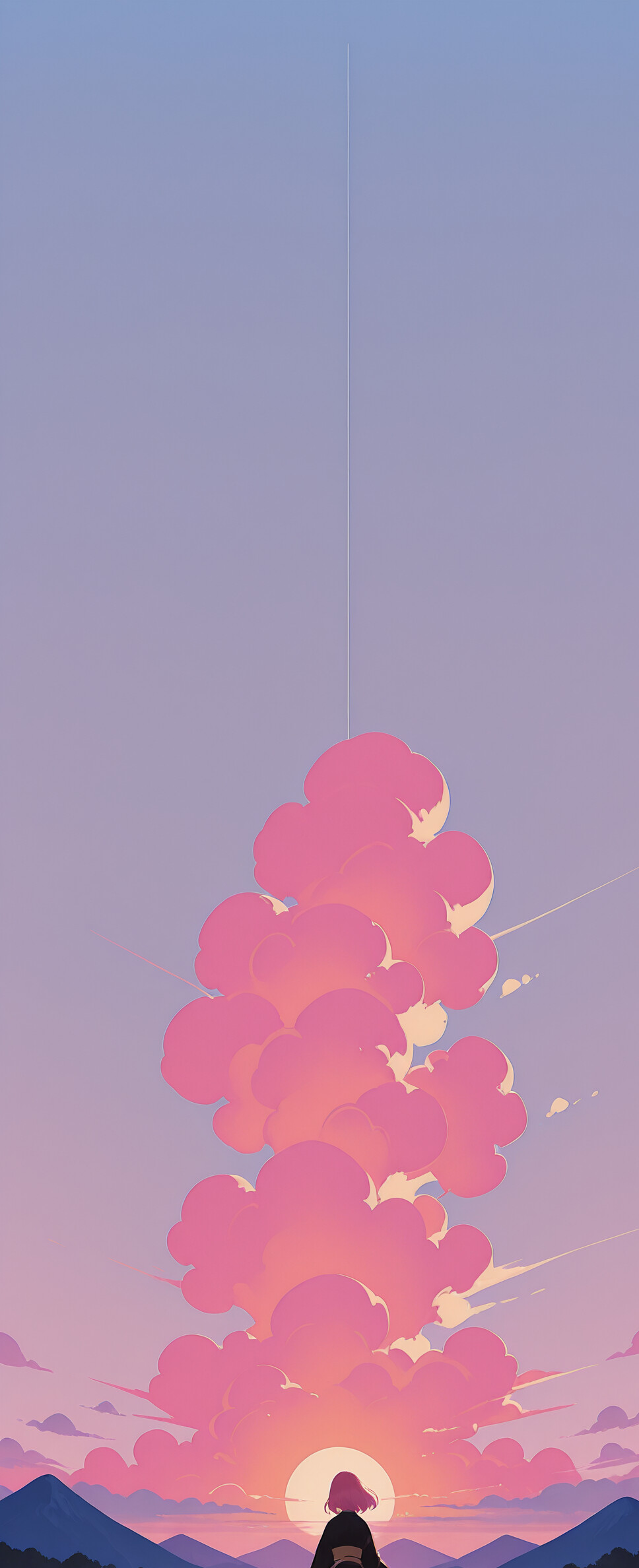 An anime-style illustration of a girl with short auburn hair in a black haori, seen from behind. She is lying on her side on a wooden deck, looking at a vibrant pink and blue sunset over mountains.