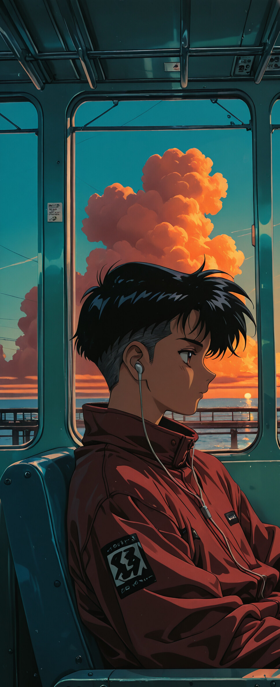A young man with an undercut hairstyle, wearing a red jacket and earbuds, sits on a train looking out the window at a sunset over the ocean, depicted in a 90s anime art style.