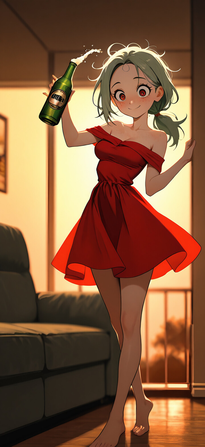 An anime girl with light green hair and a red dress, standing barefoot in a living room, holding a beer bottle and two mugs of beer with a happy expression.