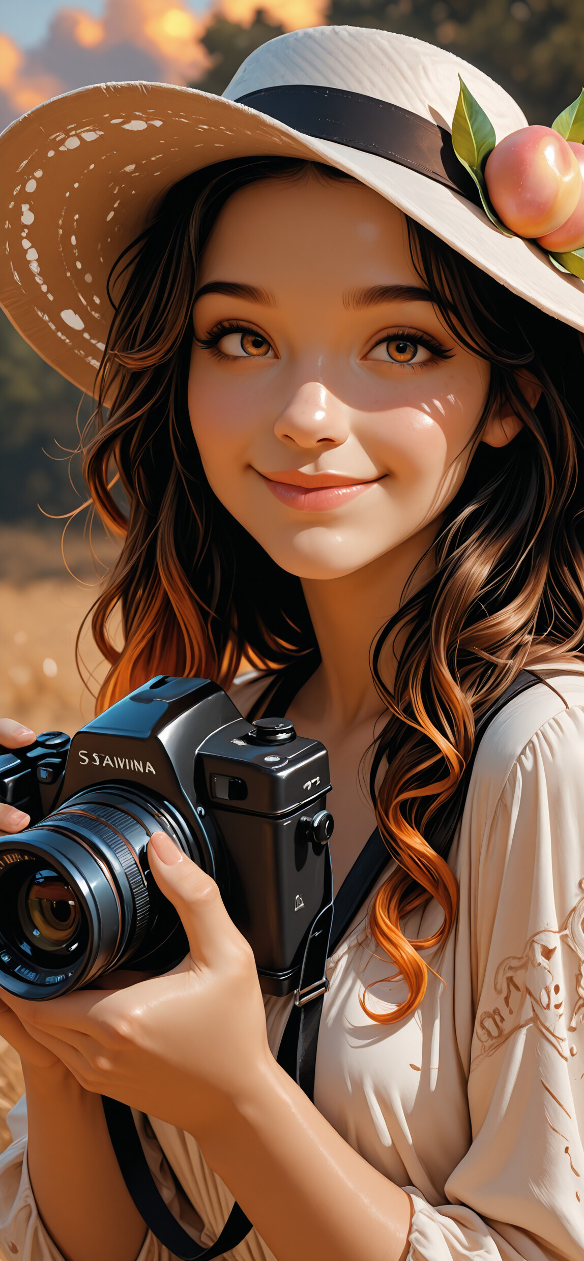 A digital portrait of a pretty young woman with long brown hair and a wide-brimmed hat decorated with peaches. She is holding a peach and smiling softly, illuminated by the warm light of a sunset.