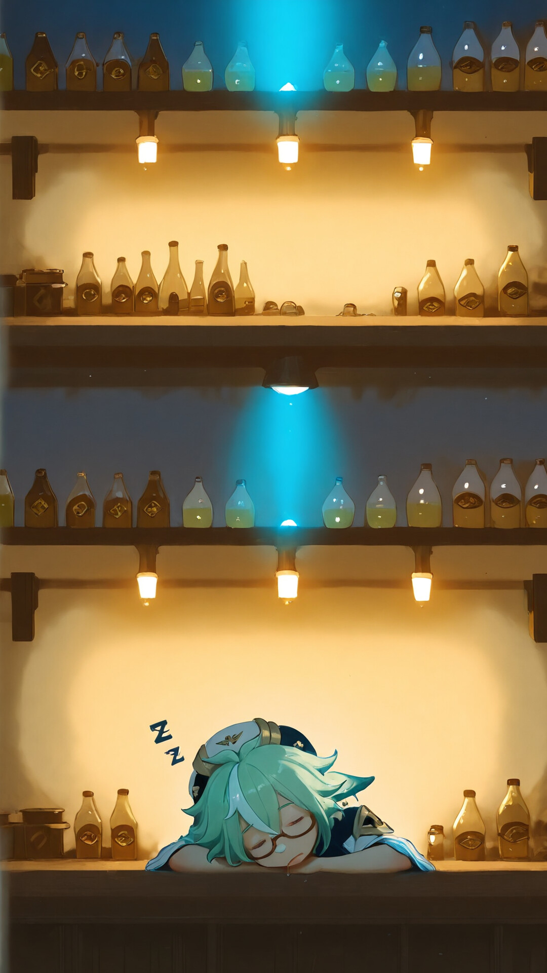 Sucrose from Genshin Impact, a girl with short green hair, glasses, and fluffy ears, sleeping with her head on a wooden counter in a dimly lit alchemy lab. A single lamp shines down on her, with 'ZZZ' floating near her head.