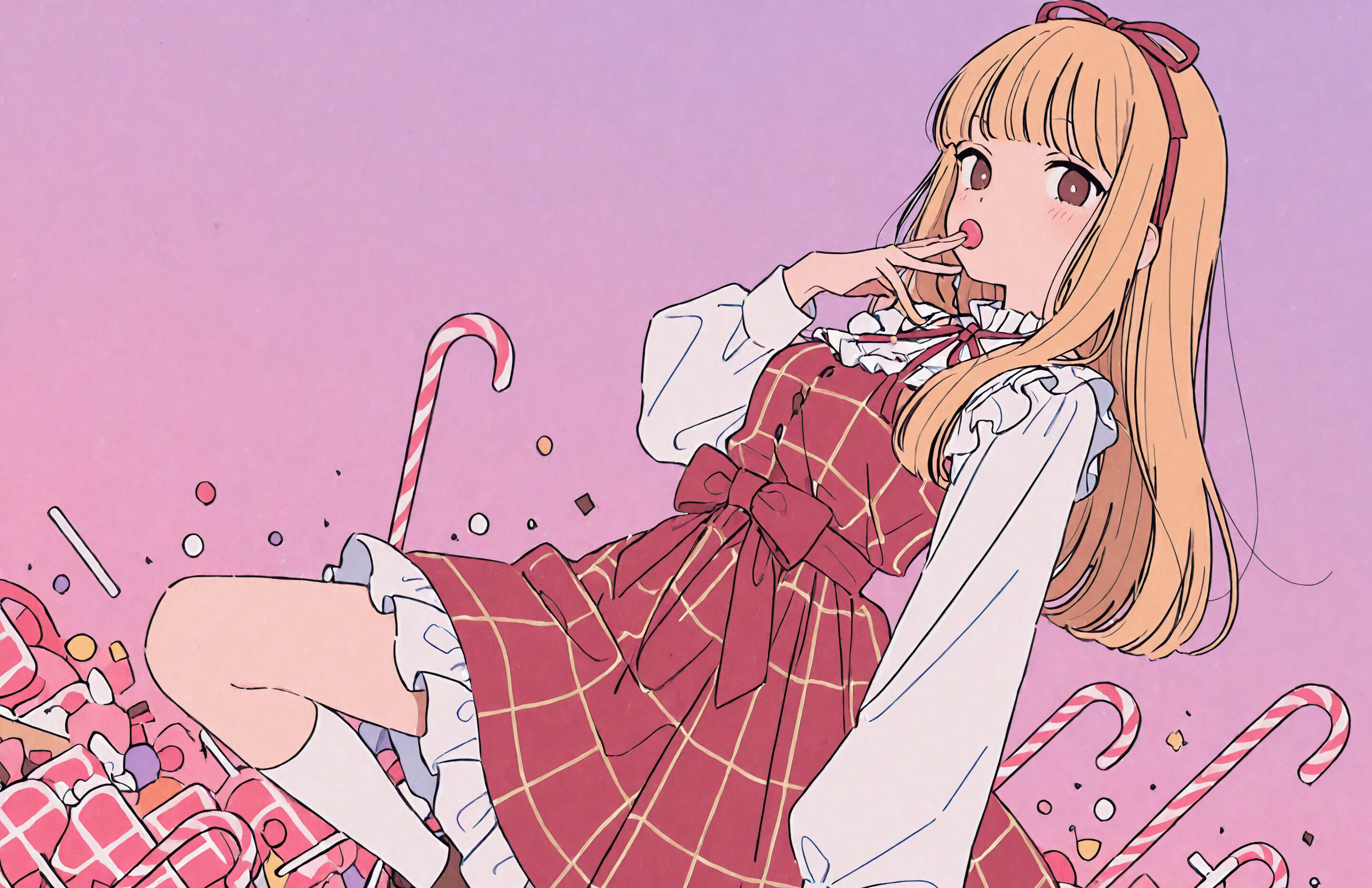 An anime girl with long blonde hair and brown eyes wearing a red checkered dress and a white frilly blouse, posing with a hand to her mouth against a pink background filled with candy.