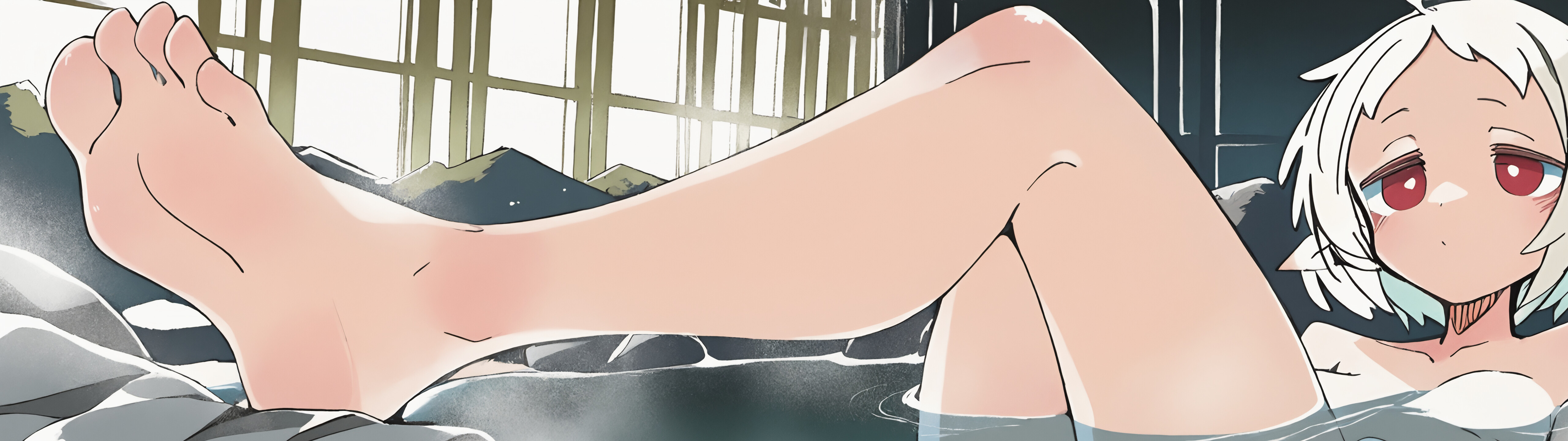 An anime-style illustration of the character Sylphiette, an elf girl with short white-green hair and red eyes, sitting in an onsen. Her legs are raised, and the soles of her feet are shown close to the viewer.