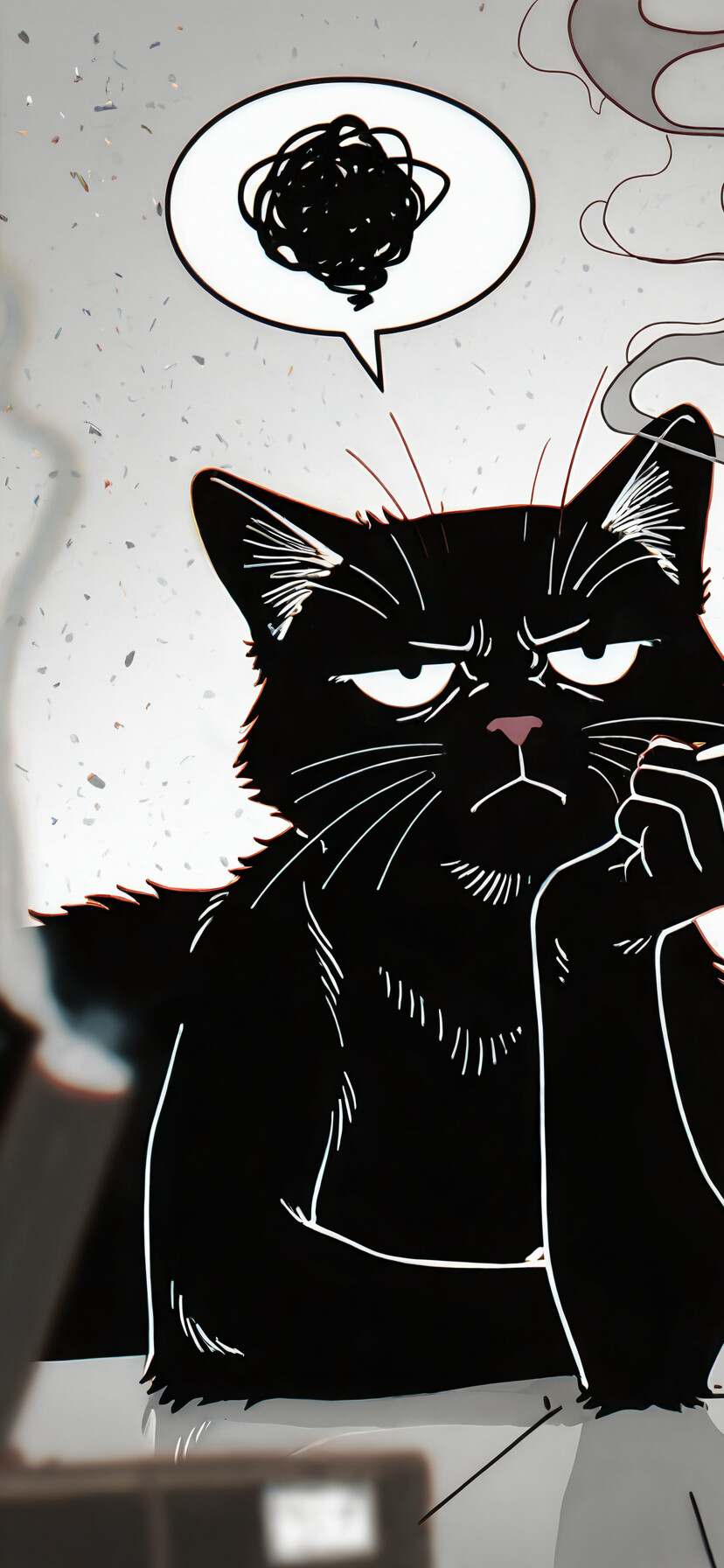 A brown tabby cat with a grumpy expression lies on a grey ledge with a lit cigarette in its mouth. Above the cat is a white speech bubble filled with a chaotic black scribble, all set against a dark, starry background.