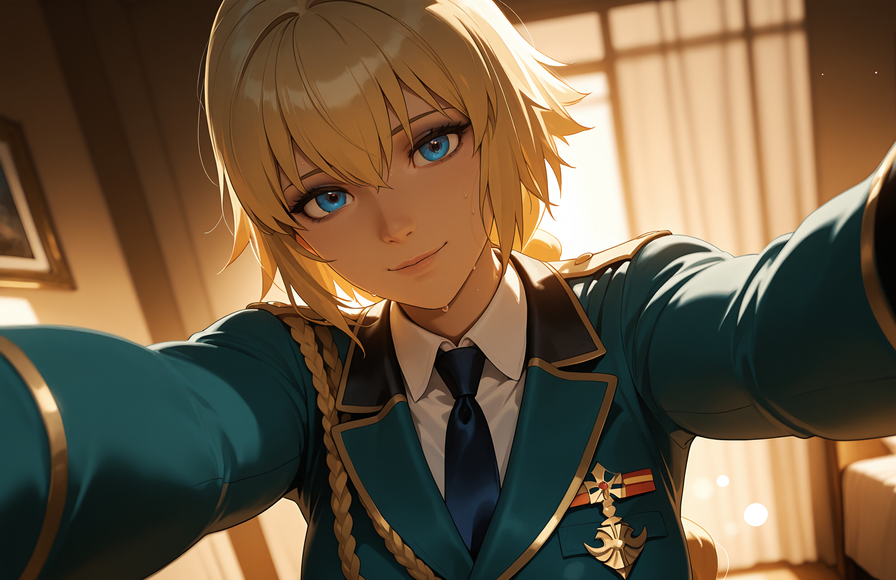 An anime-style woman with short blonde hair and blue eyes, identified as Tanya von Degurechaff, wearing a green military uniform and taking a selfie with a smartphone in a warmly lit room.