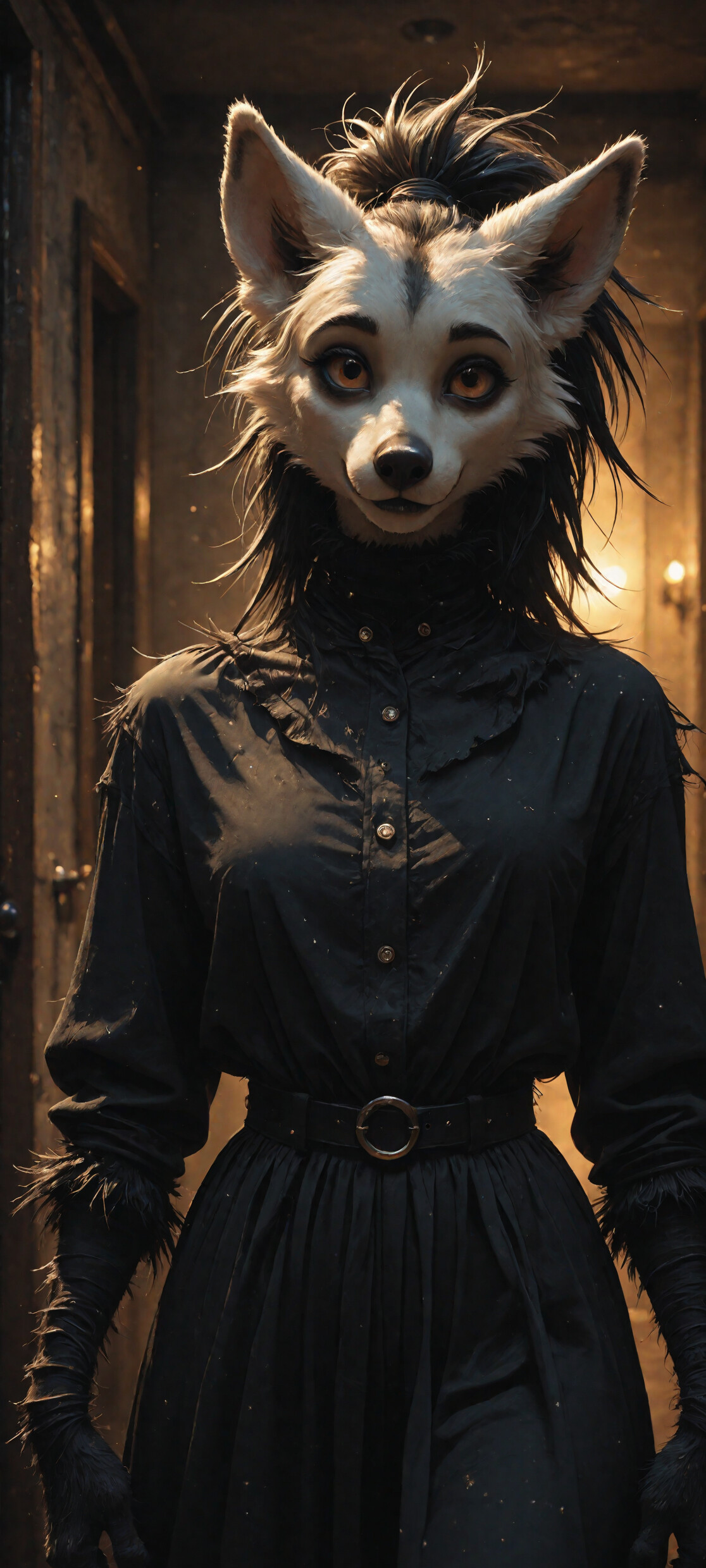 A full-body image of a creepy anthropomorphic aardwolf woman with white facial markings and large ears, wearing a dark dress and walking towards the camera in a derelict, dark hallway.