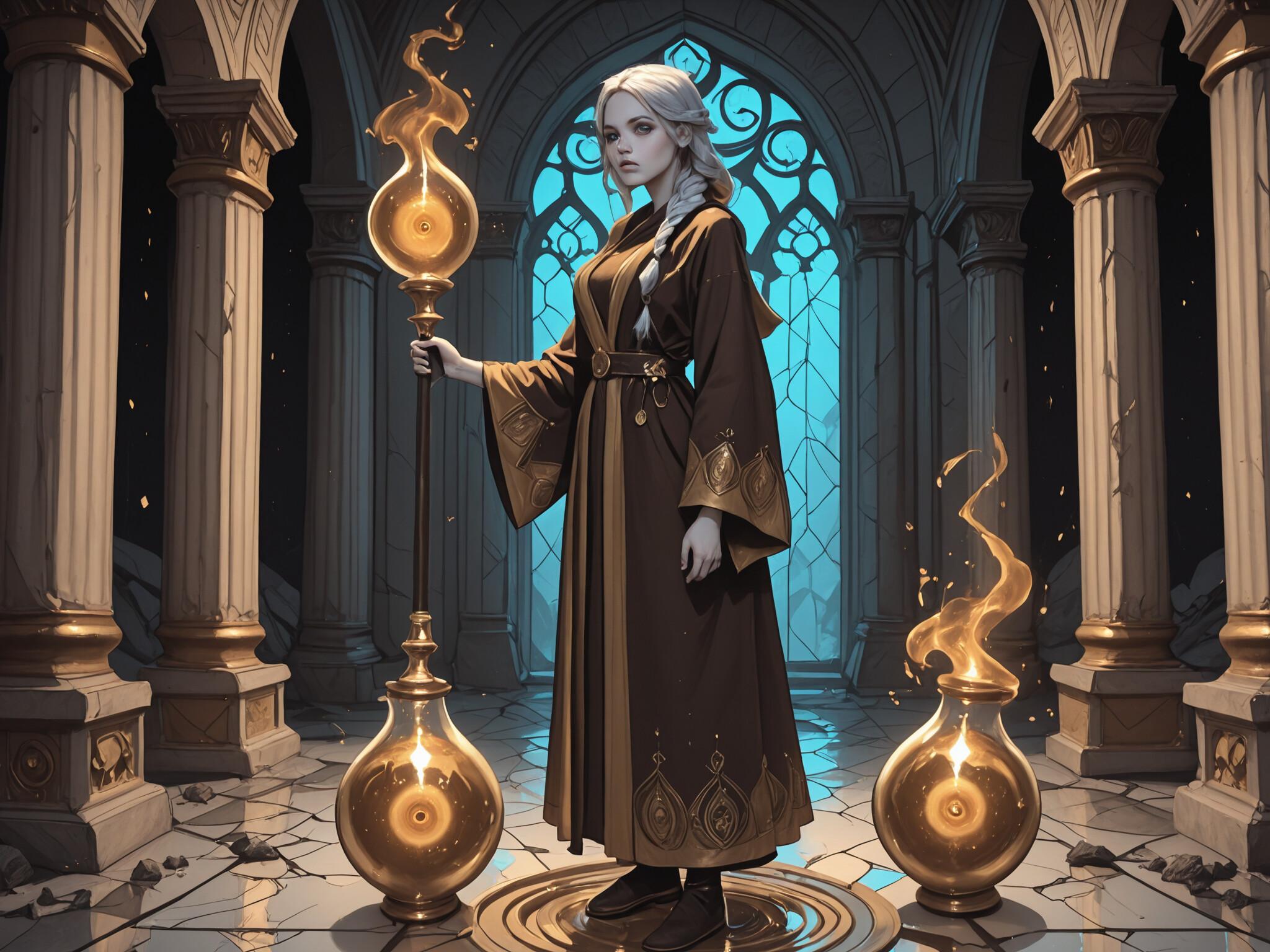 A full-body illustration of a young female alchemist with long silver hair and glowing gold eyes, wearing a dark robe with gold details. She stands in a stone hall with pillars, holding a tall, ornate staff that emits a golden light.