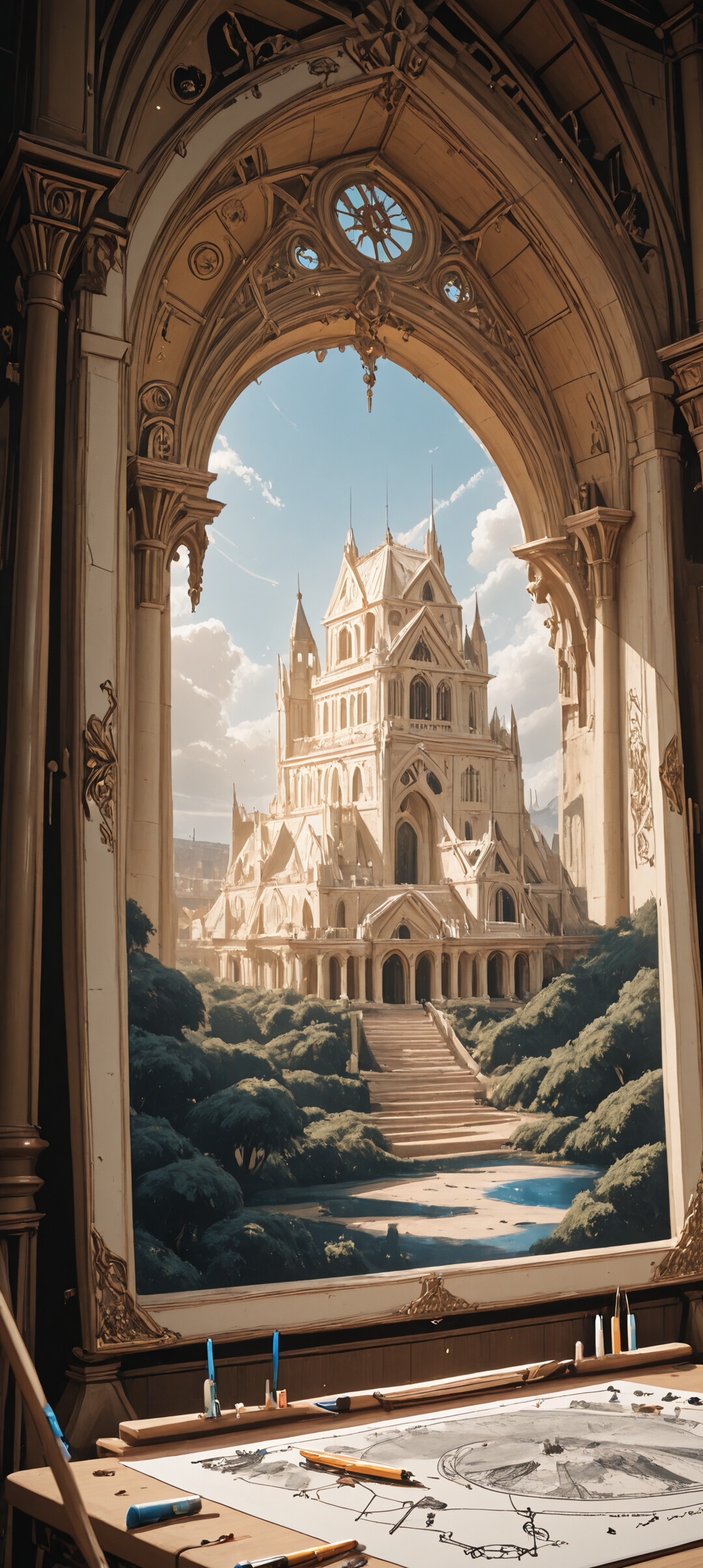 An anime-style illustration of a young woman drawing an architectural plan of a fantasy castle at a desk in a grand stone studio, with the actual castle visible through a large archway behind her.