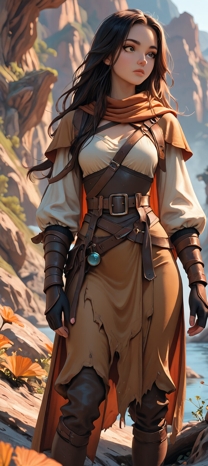 A majestic fantasy creature, resembling a stag with a full orange-leafed tree growing from its head, stands on a rocky riverbank within a grand, sunlit mountain canyon during autumn.